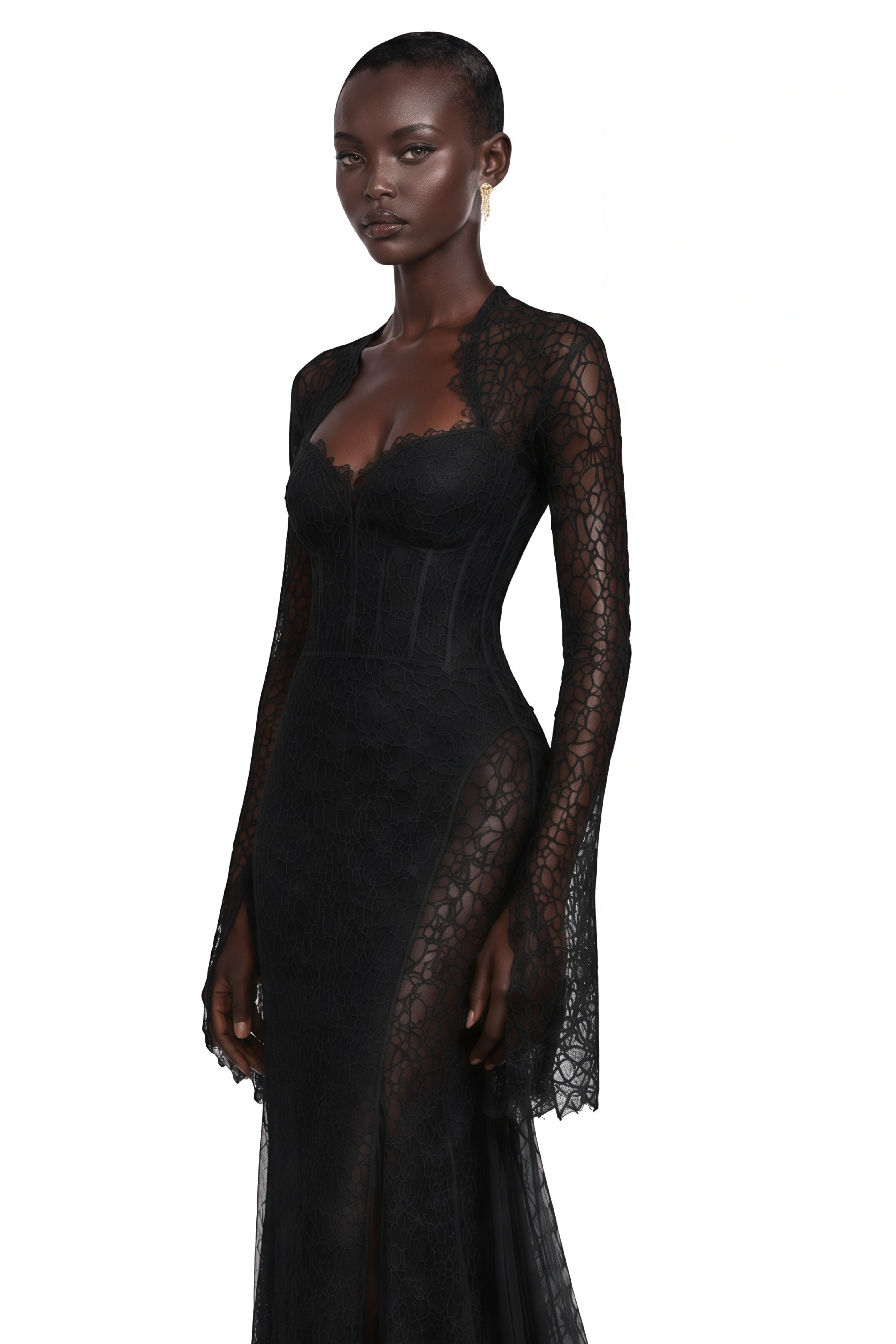 Black lace mermaid maxi dress with a sweetheart bodice and long-sleeve lace shrug