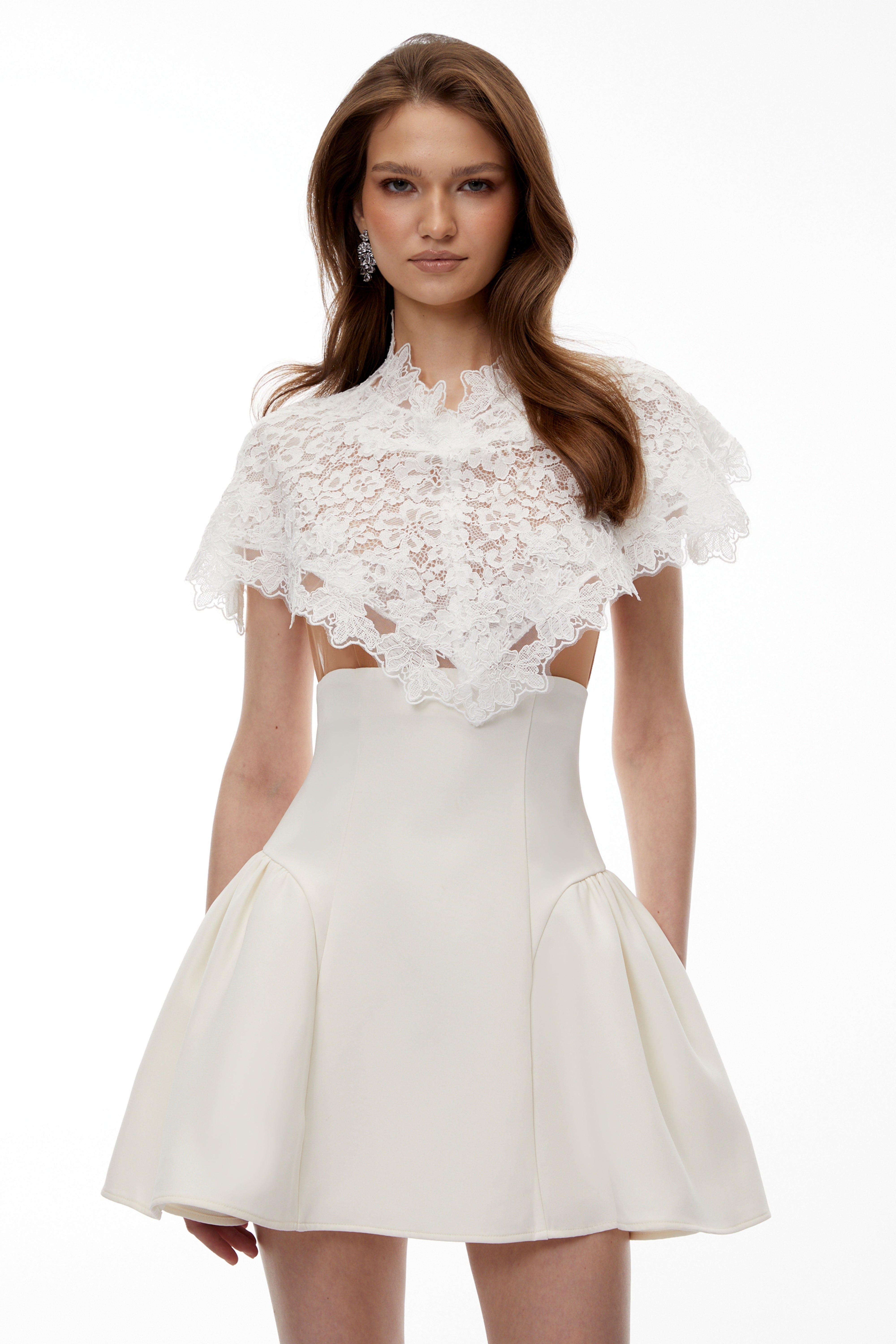 Mandana White Lace Mini Dress with Cape (Final Sale-US Only)