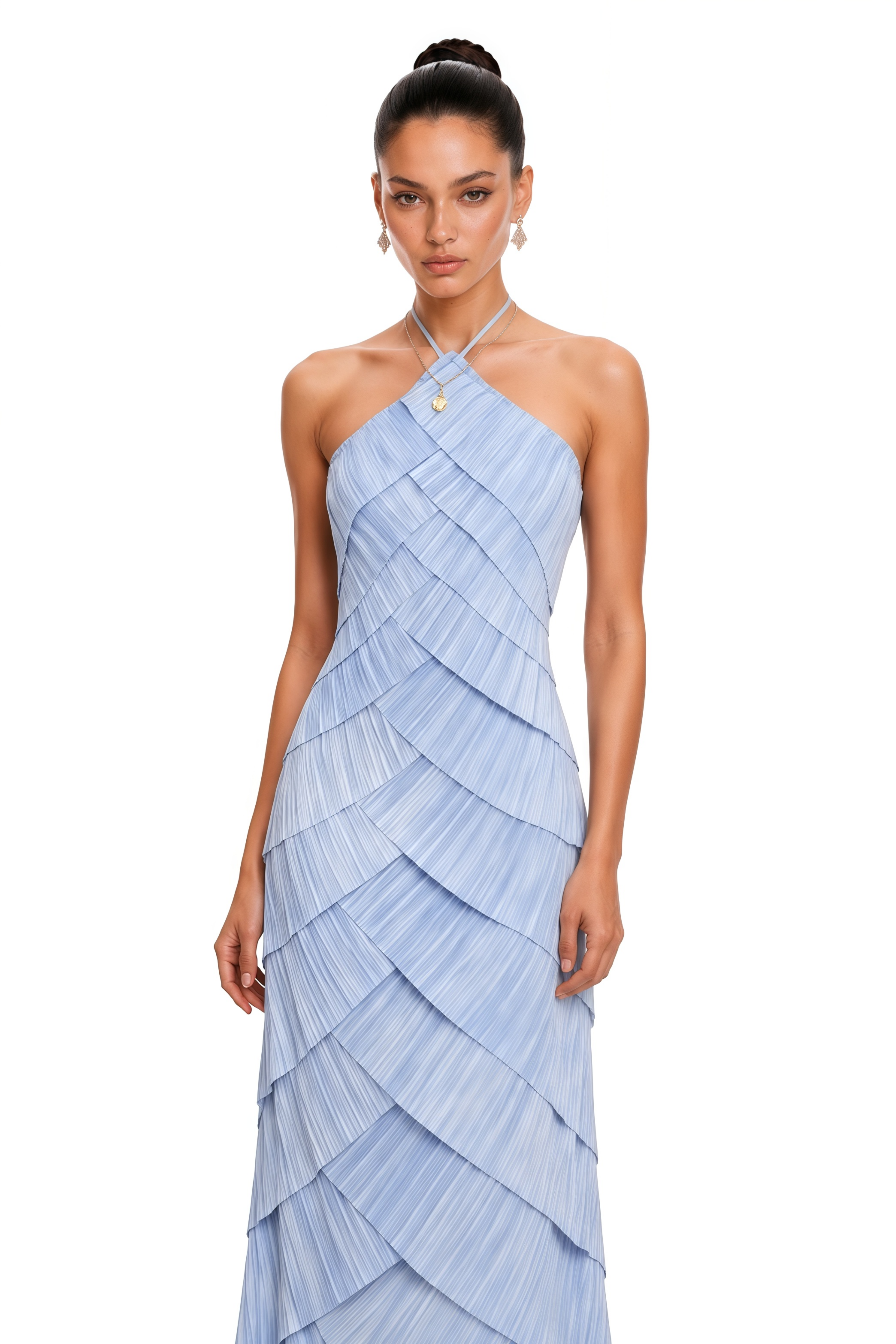 Mara Blue Halterneck Pleated Maxi Dress