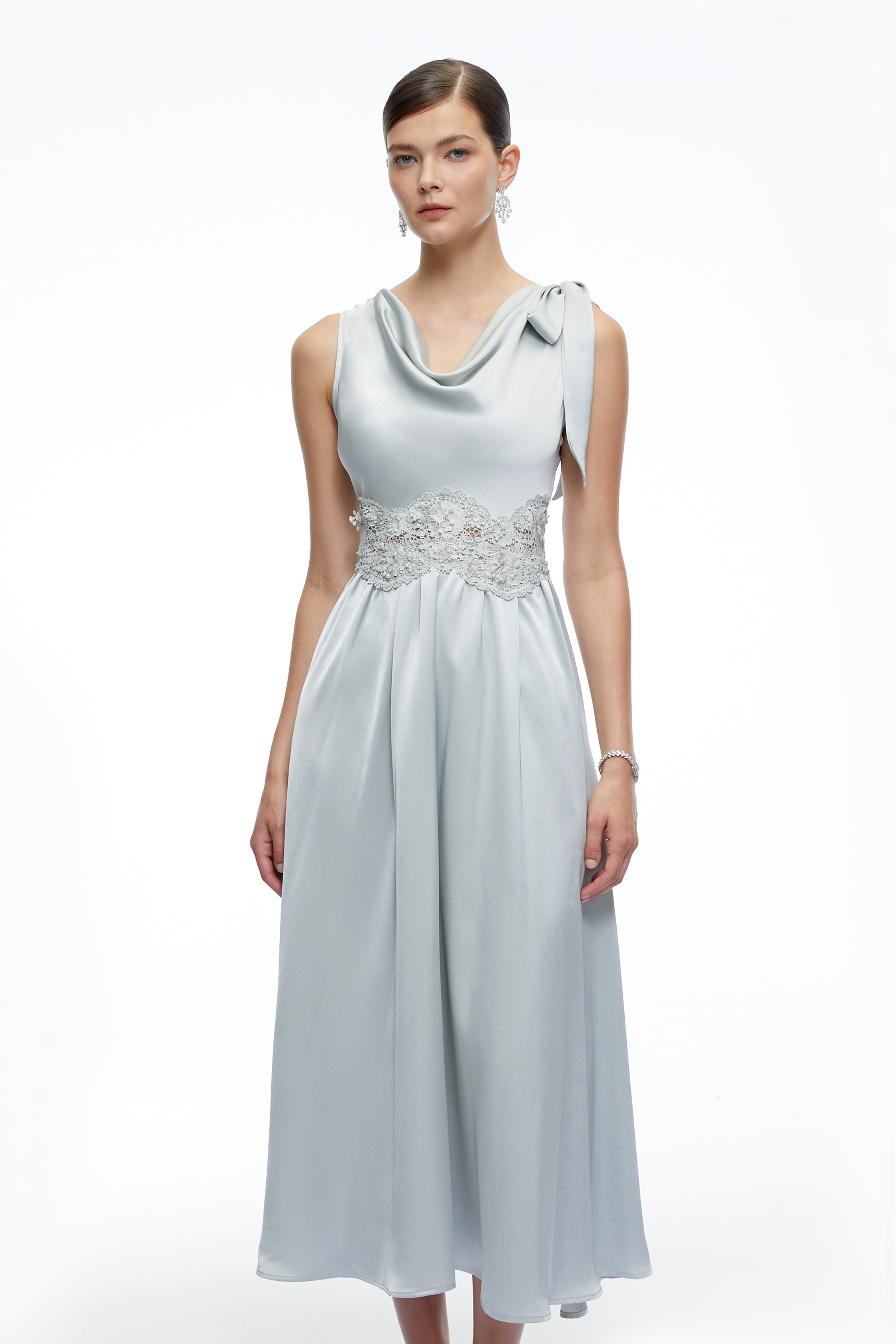 Maren Blue Cowl Neck Satin Midi Dress
