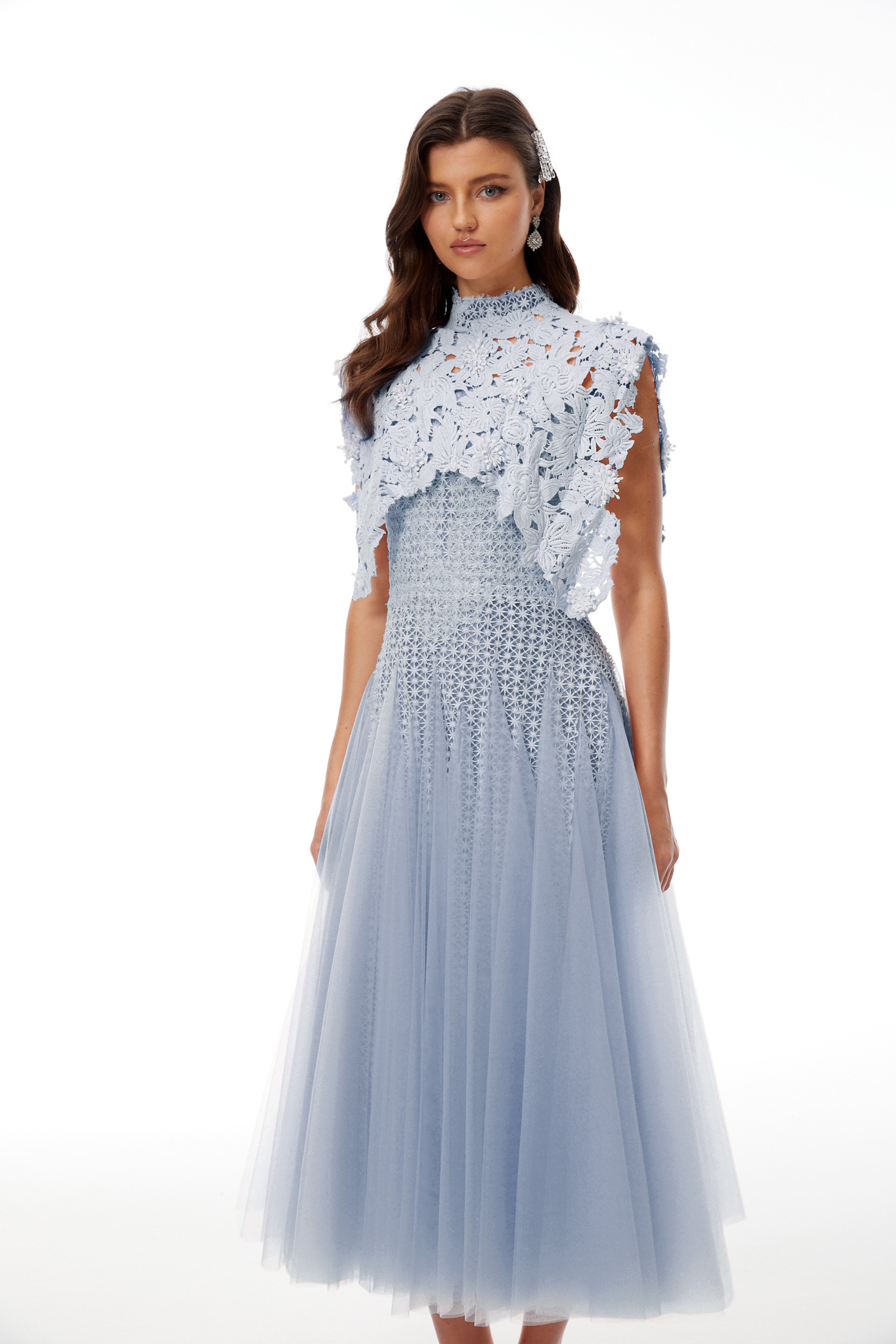 Blue Floral Crochet Midi Dress
