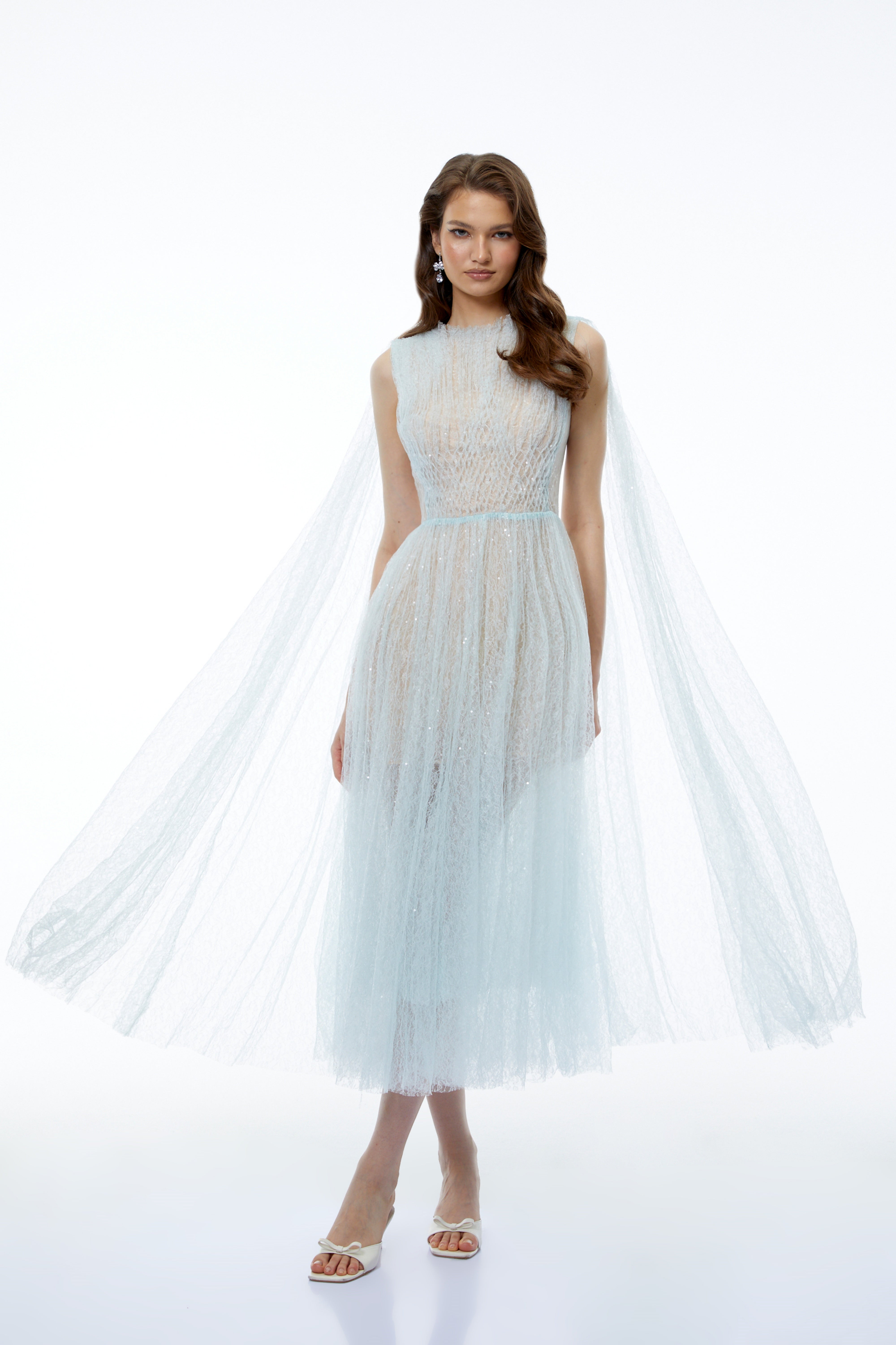 Margareta Ice Blue High Neck Ruched Midi Dress (Final Sale)