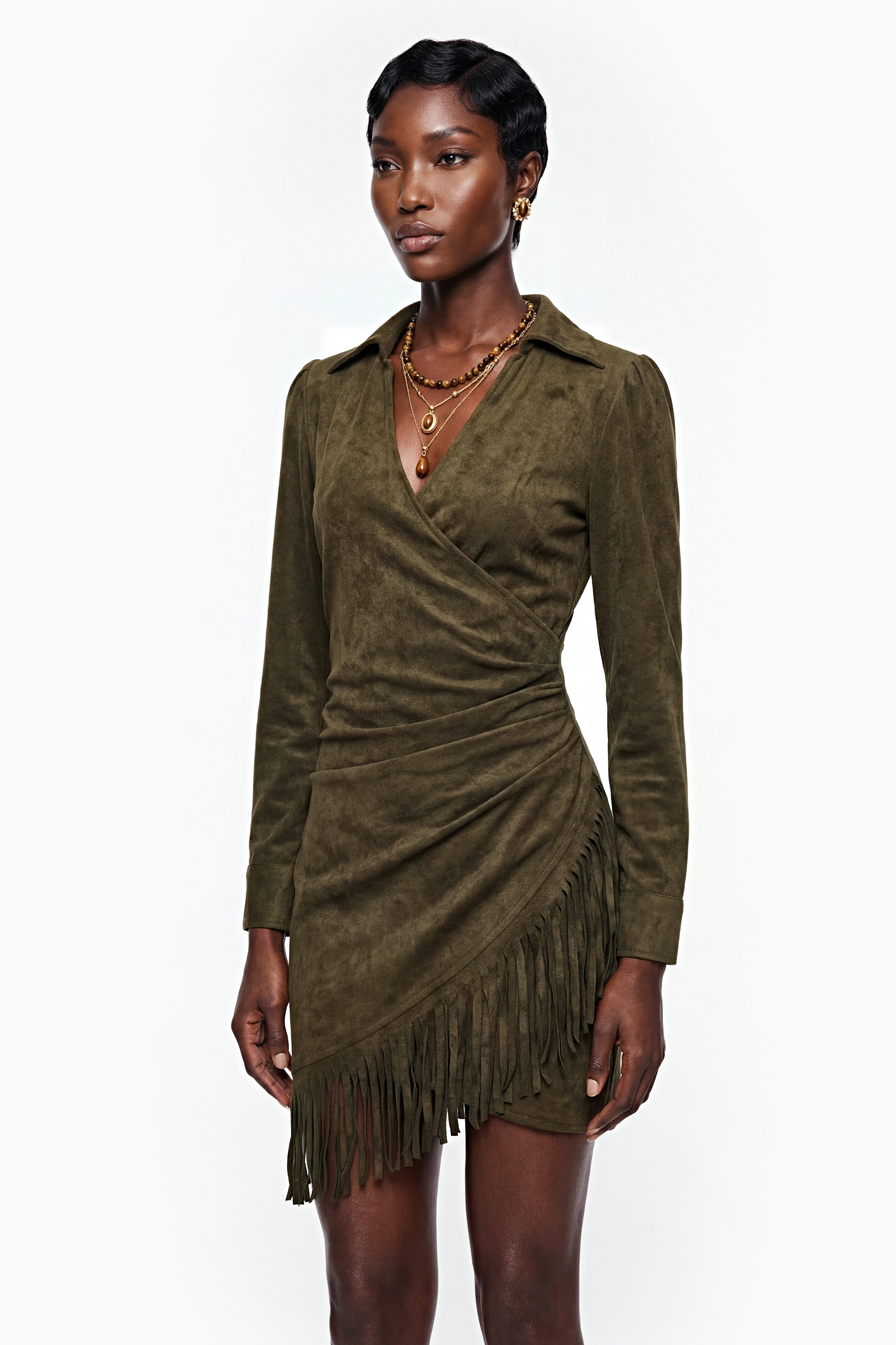 Margarete Green Faux Suede Mini Dress with Fringe (Final Sale)