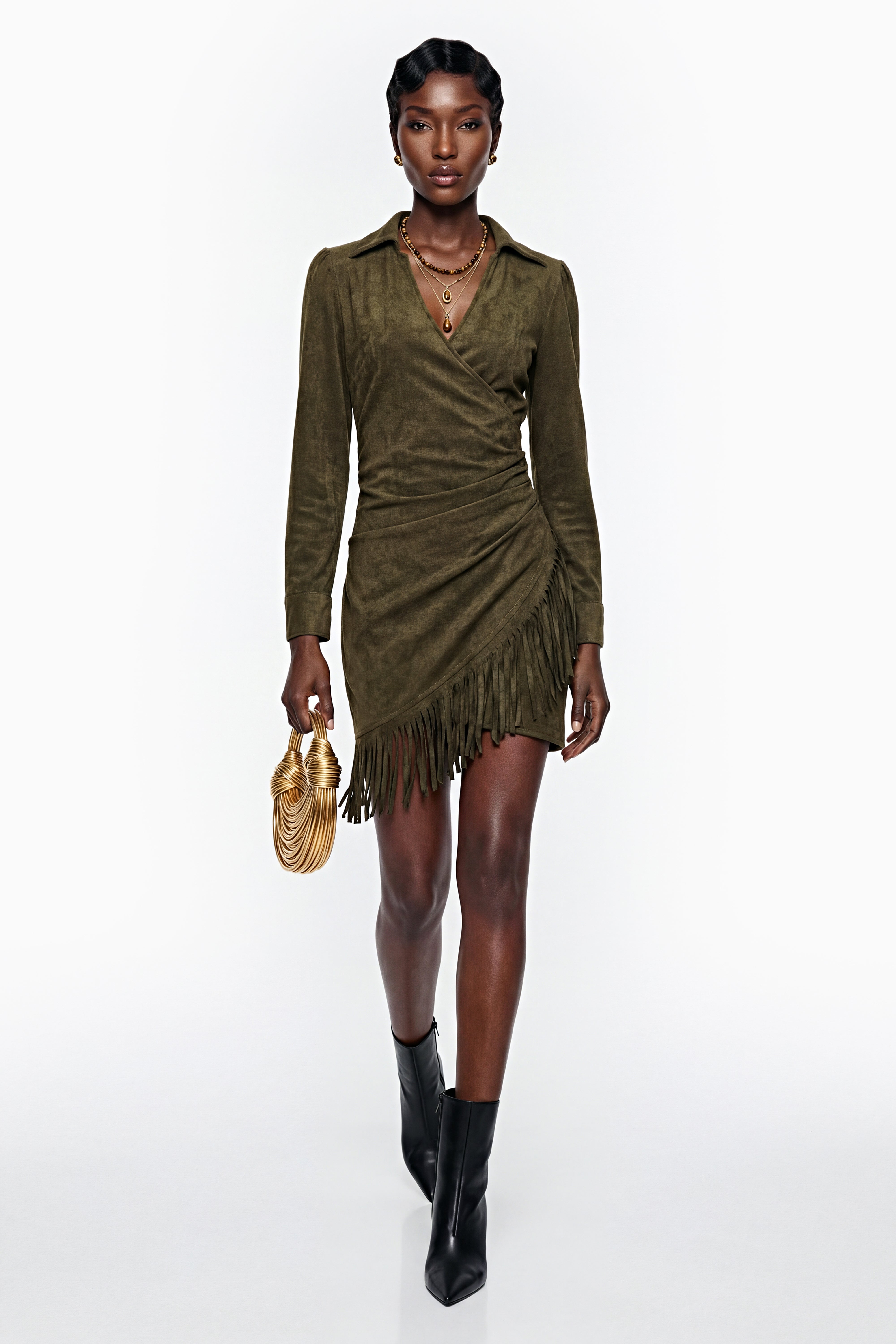 Margarete Green Faux Suede Mini Dress with Fringe (Final Sale)