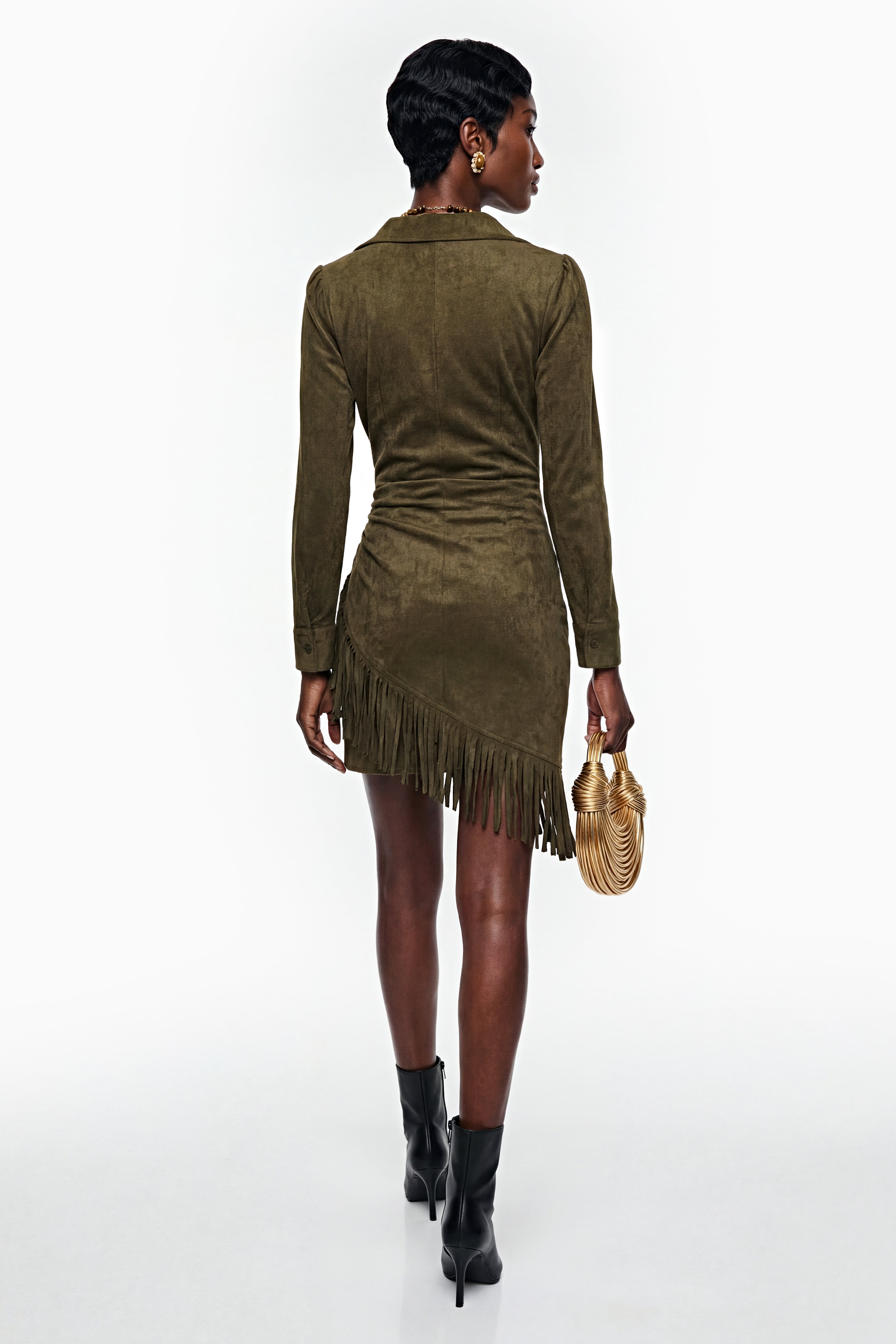 Margarete Green Faux Suede Mini Dress with Fringe (Final Sale)