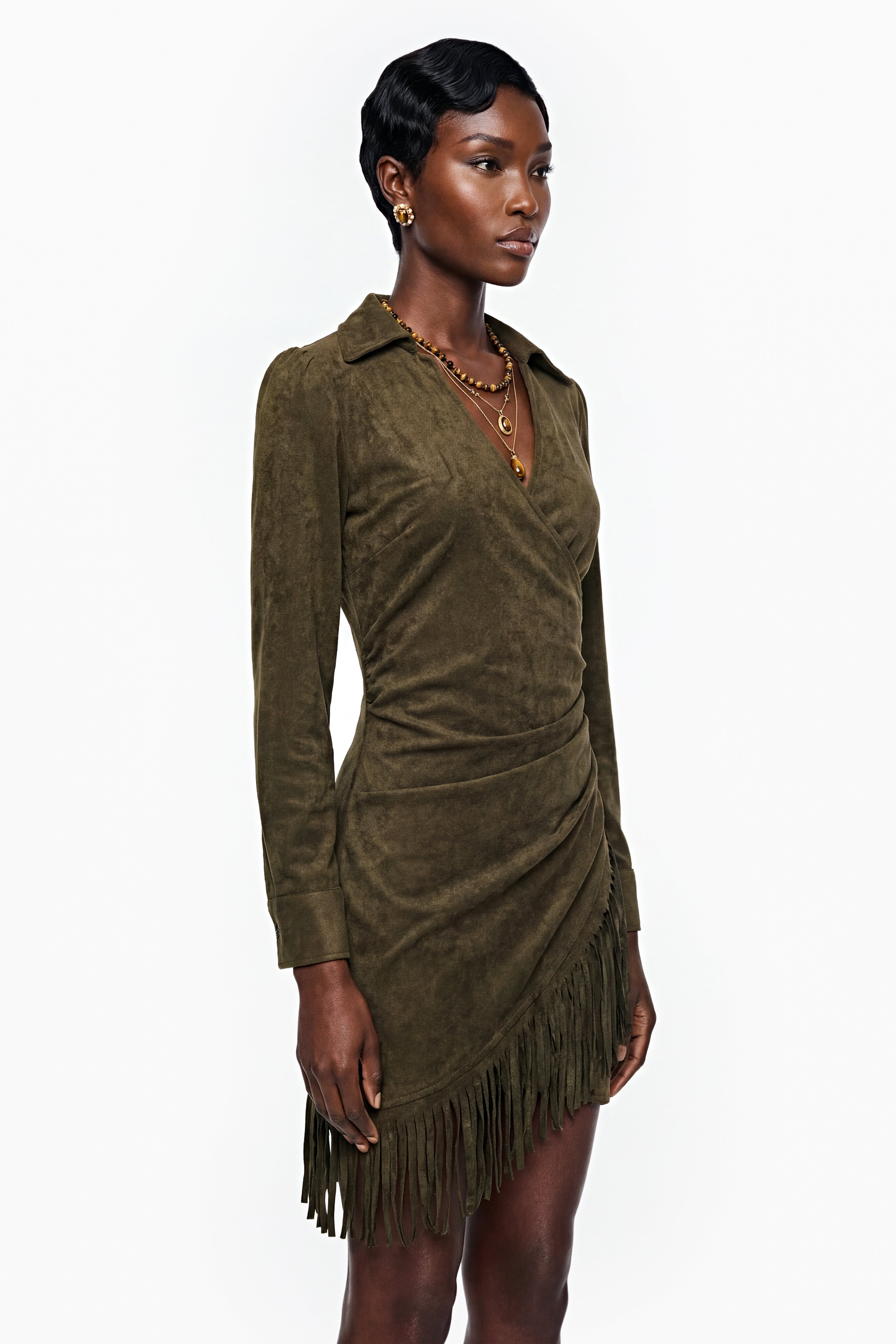 Margarete Green Faux Suede Mini Dress with Fringe (Final Sale)