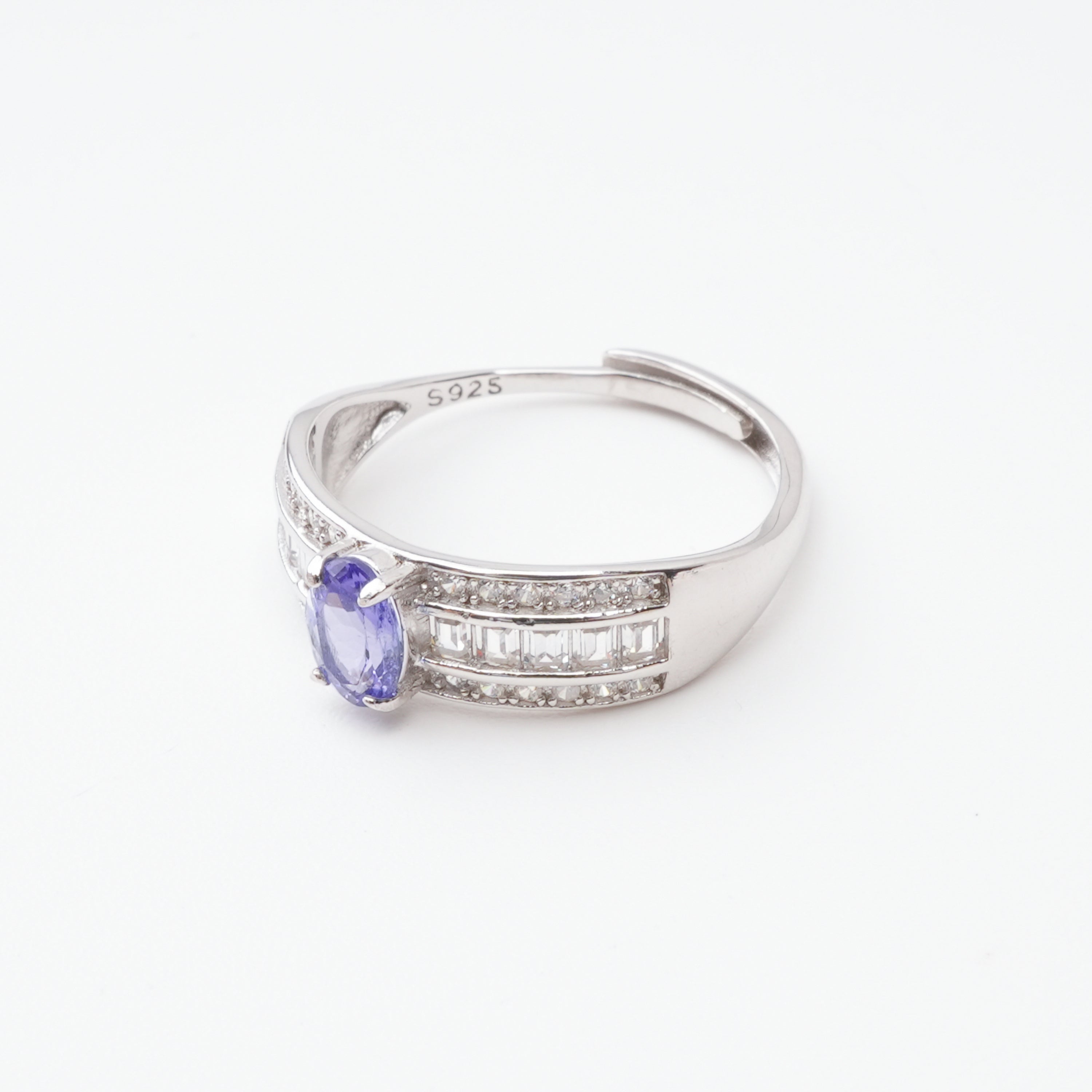 Margot Blue Tanzanite Oval Cut Baguette Pavé Crystal Sterling Silver Ring