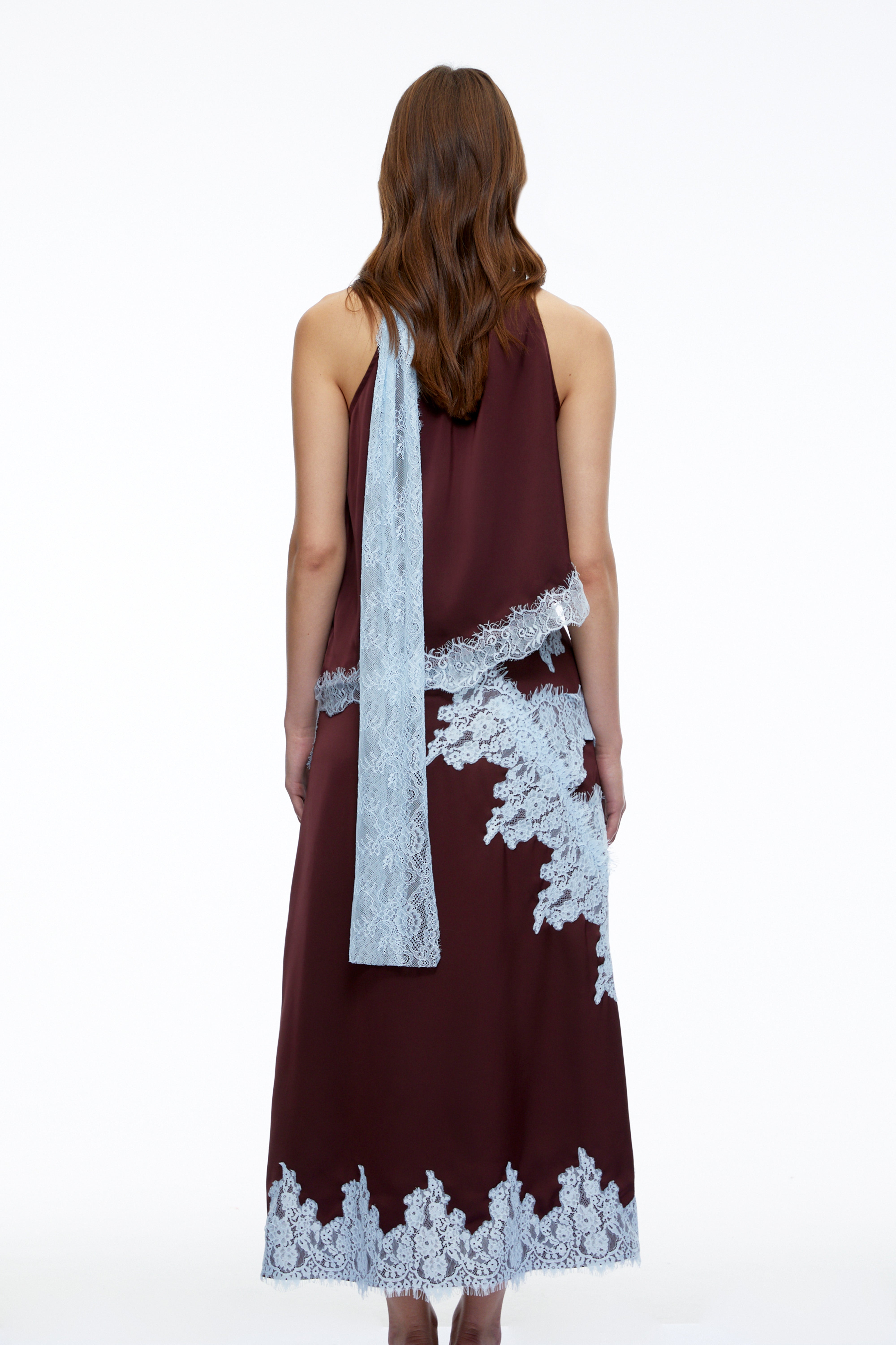 Maribel Brown Lace Trim Satin Top & Skirt Set