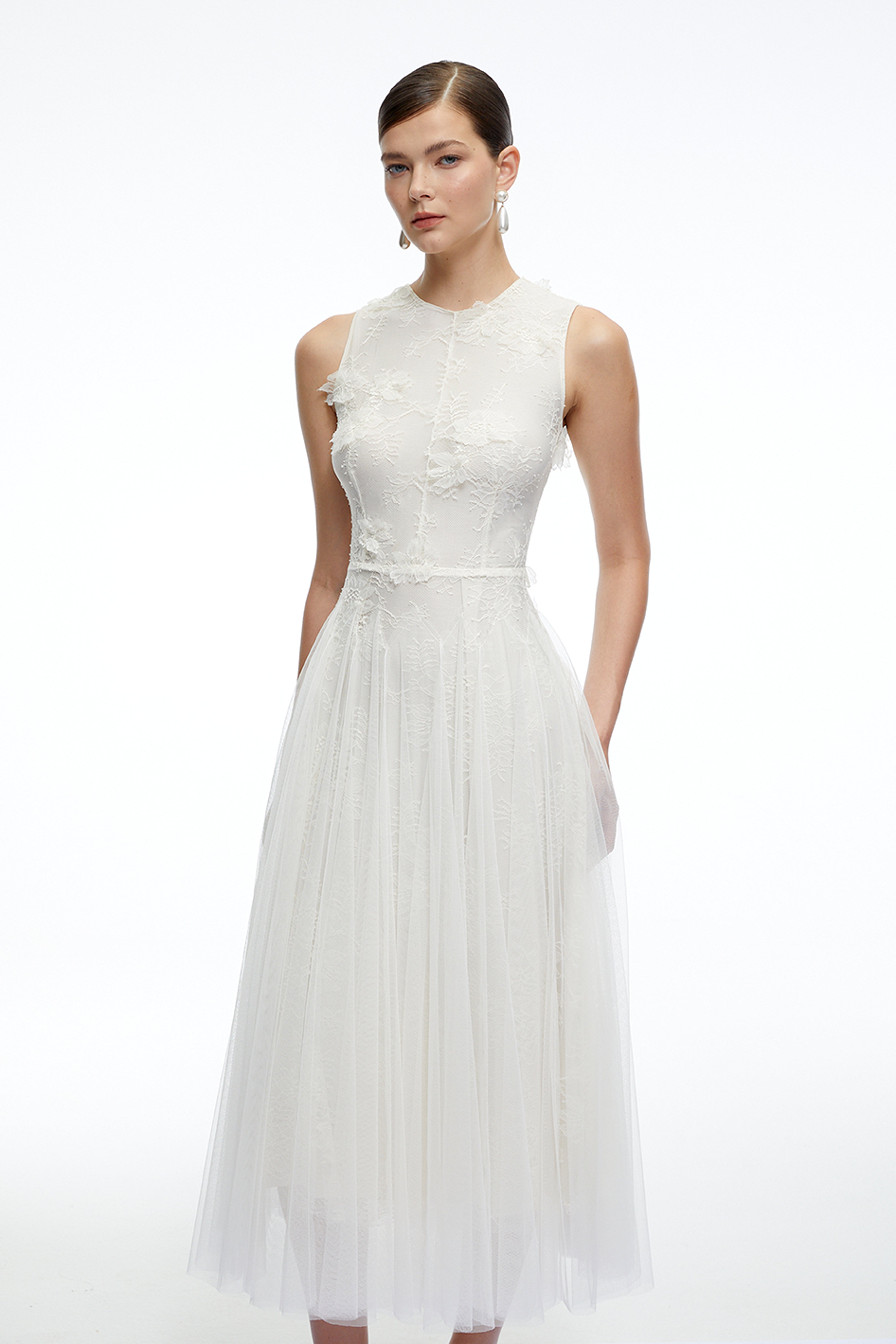 Marigold White Round Neck Midi Dress with 3D Florals