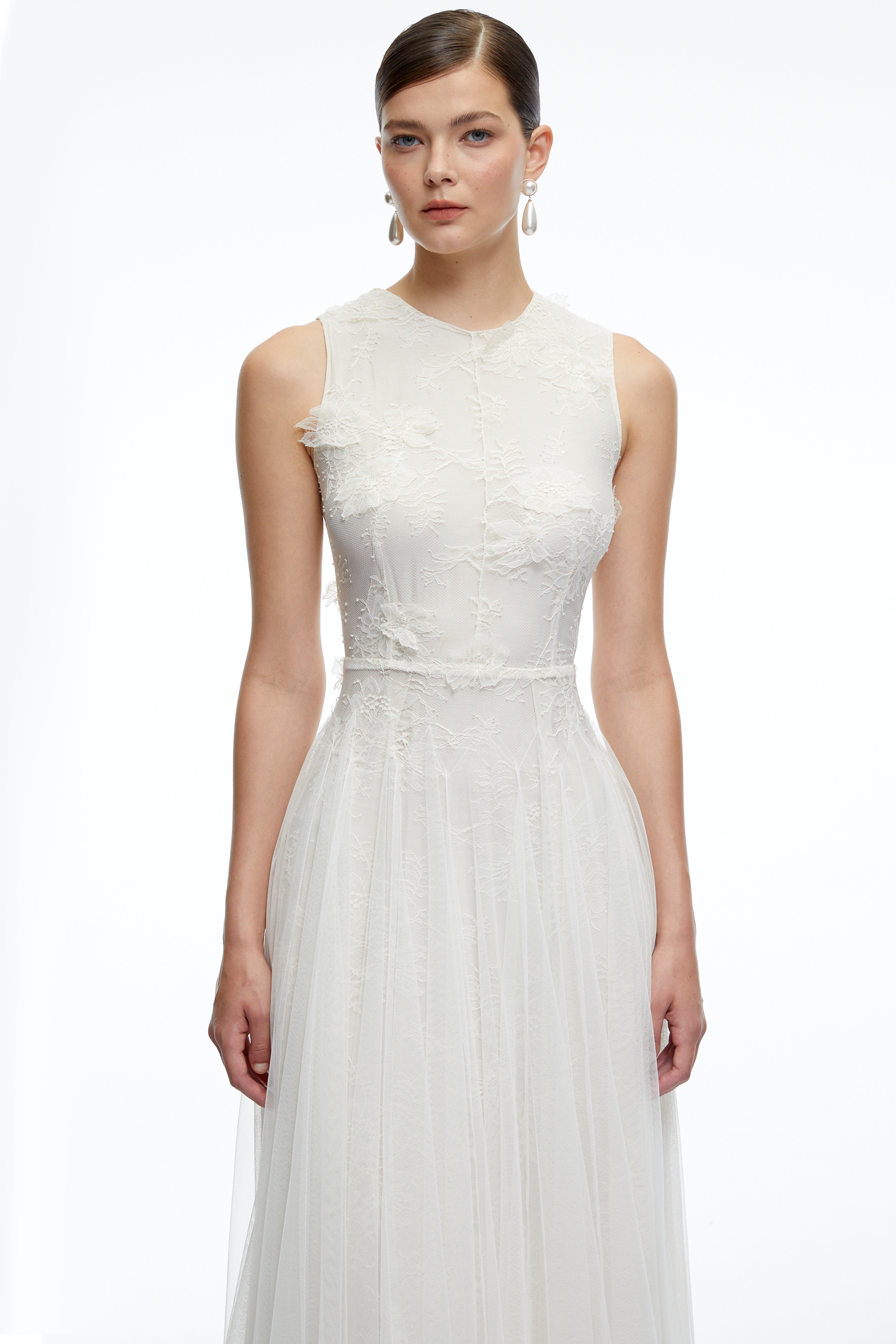 Marigold White Round Neck Midi Dress with 3D Florals