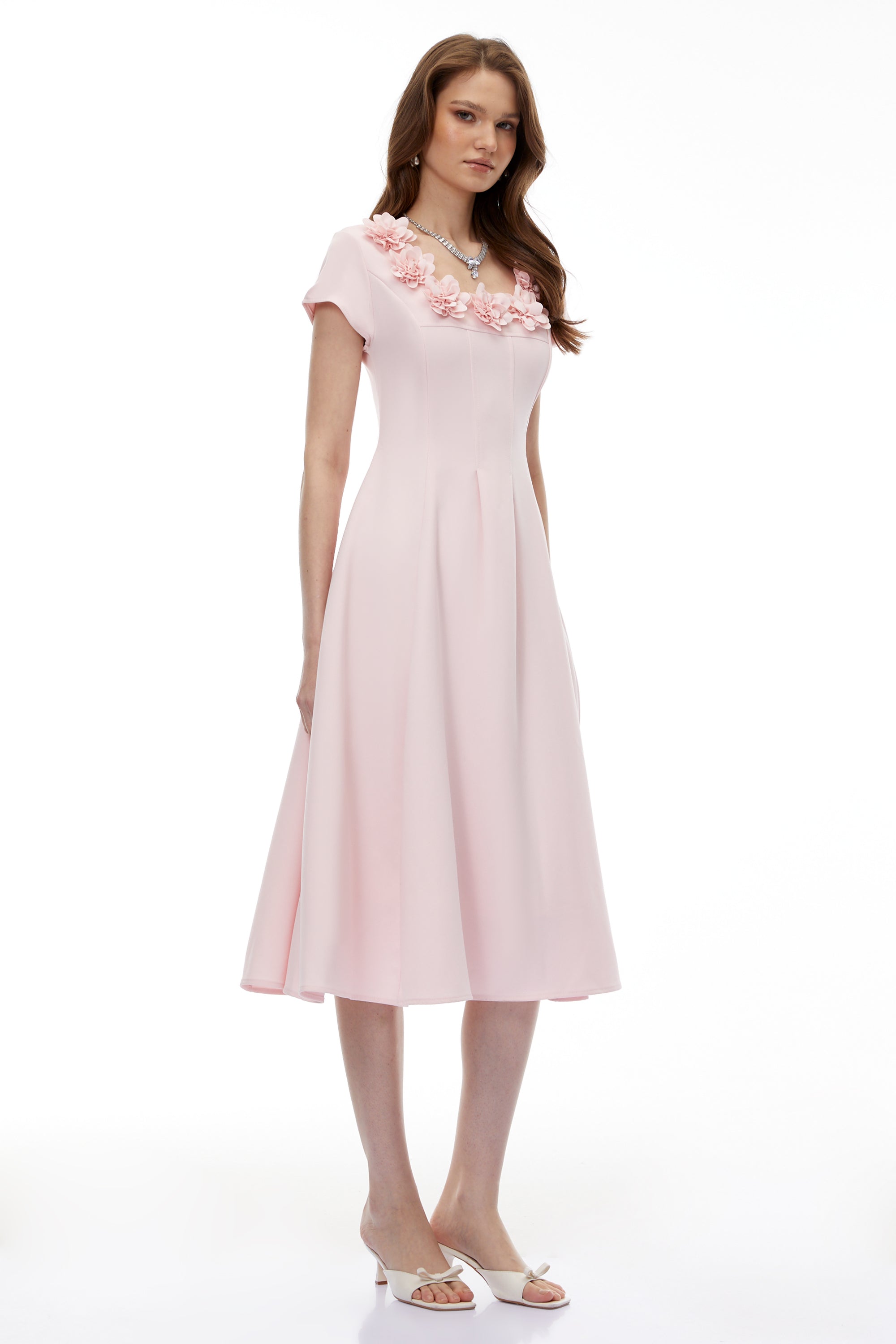 Marley Pink Pleated Midi Dress with 3D Petals (Final Sale-US Only)