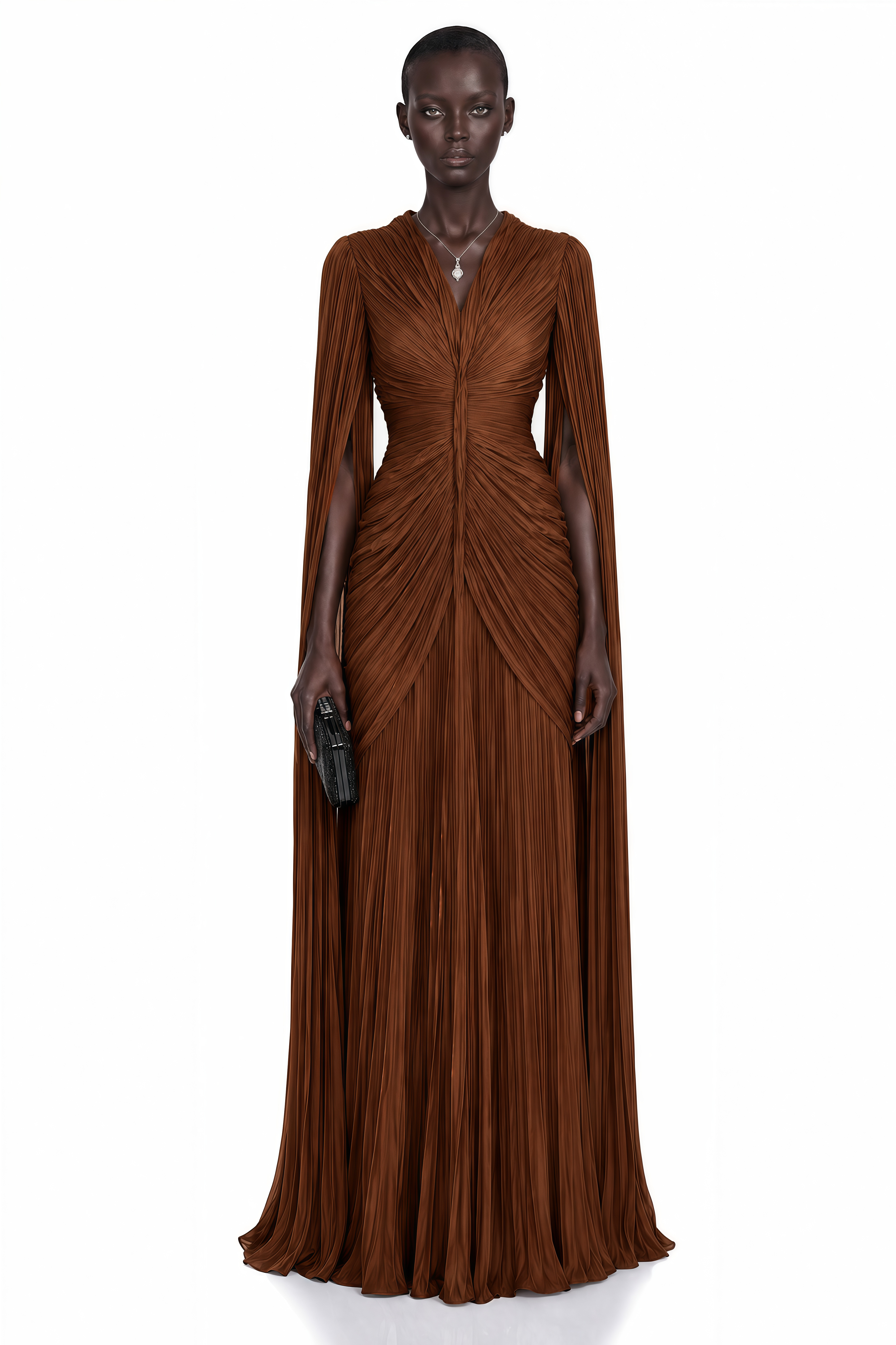Brown plissé maxi dress with a ruched bodice, V-neckline, and floor-length cape sleeves