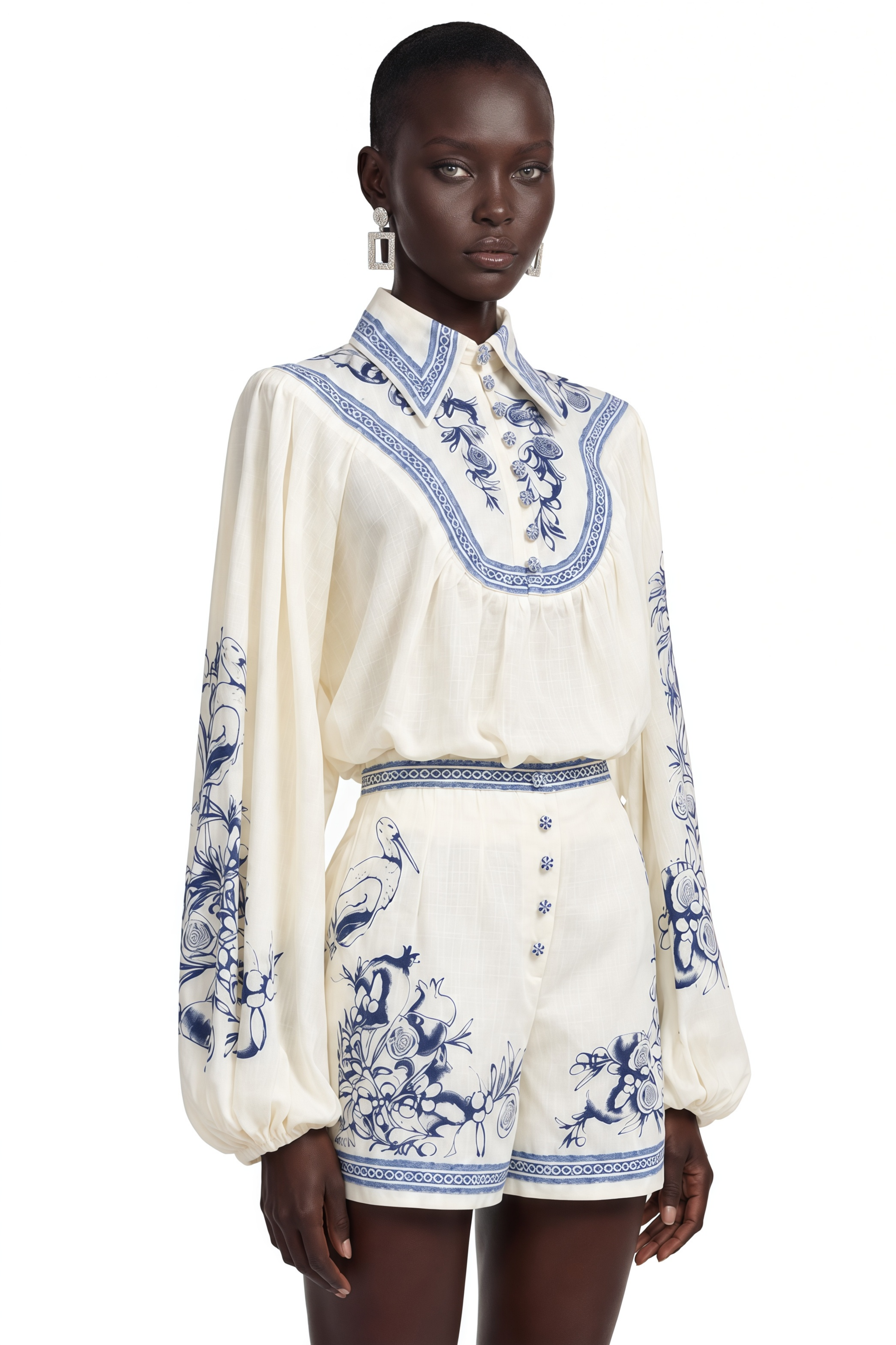 Michaela Blue Porcelain Print Blouse & Shorts Set