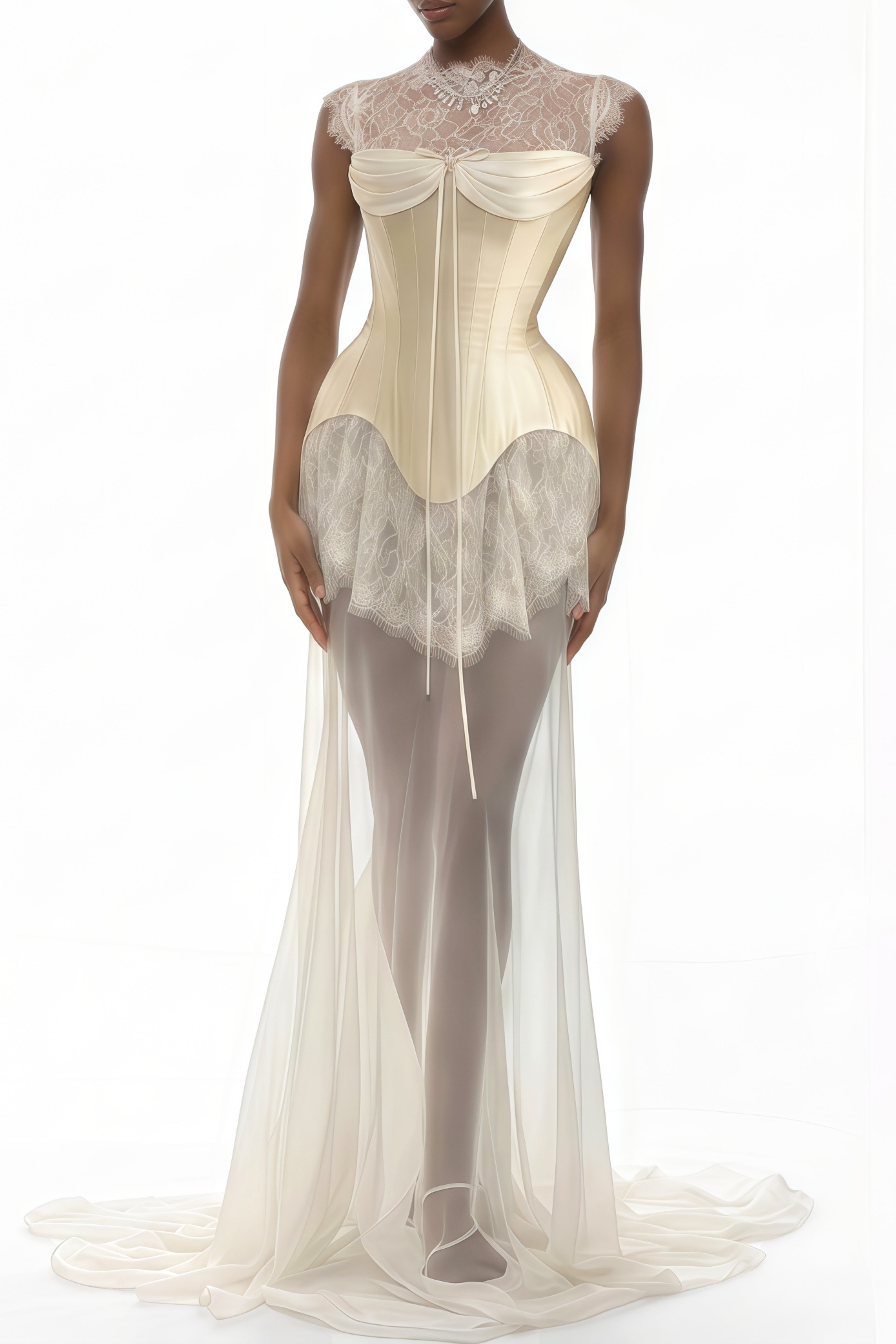 White Lace Convertible Gown with Detachable Skirt