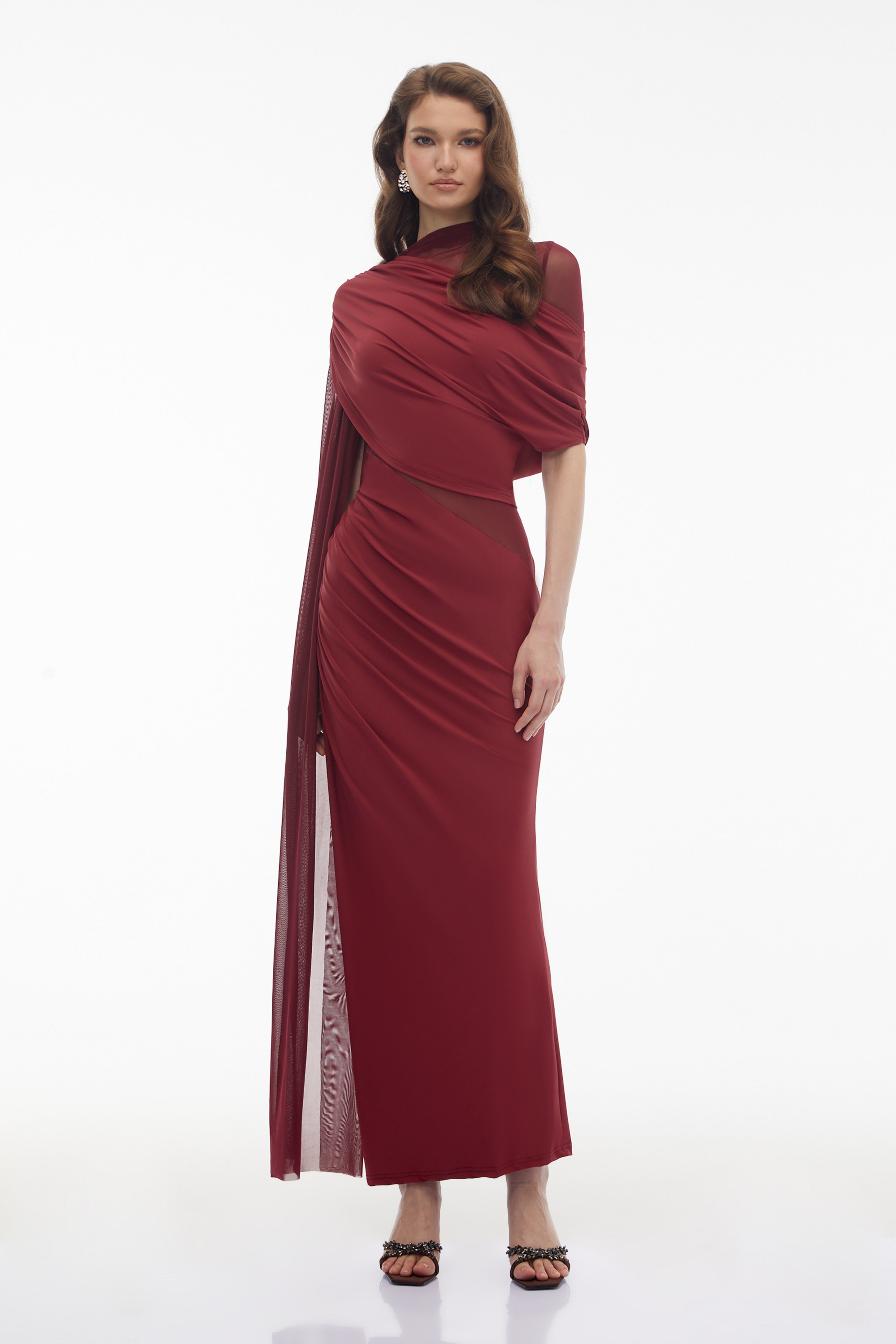 Mioara Red Asymmetrical Draped Cape Design Dress (Final Sale)