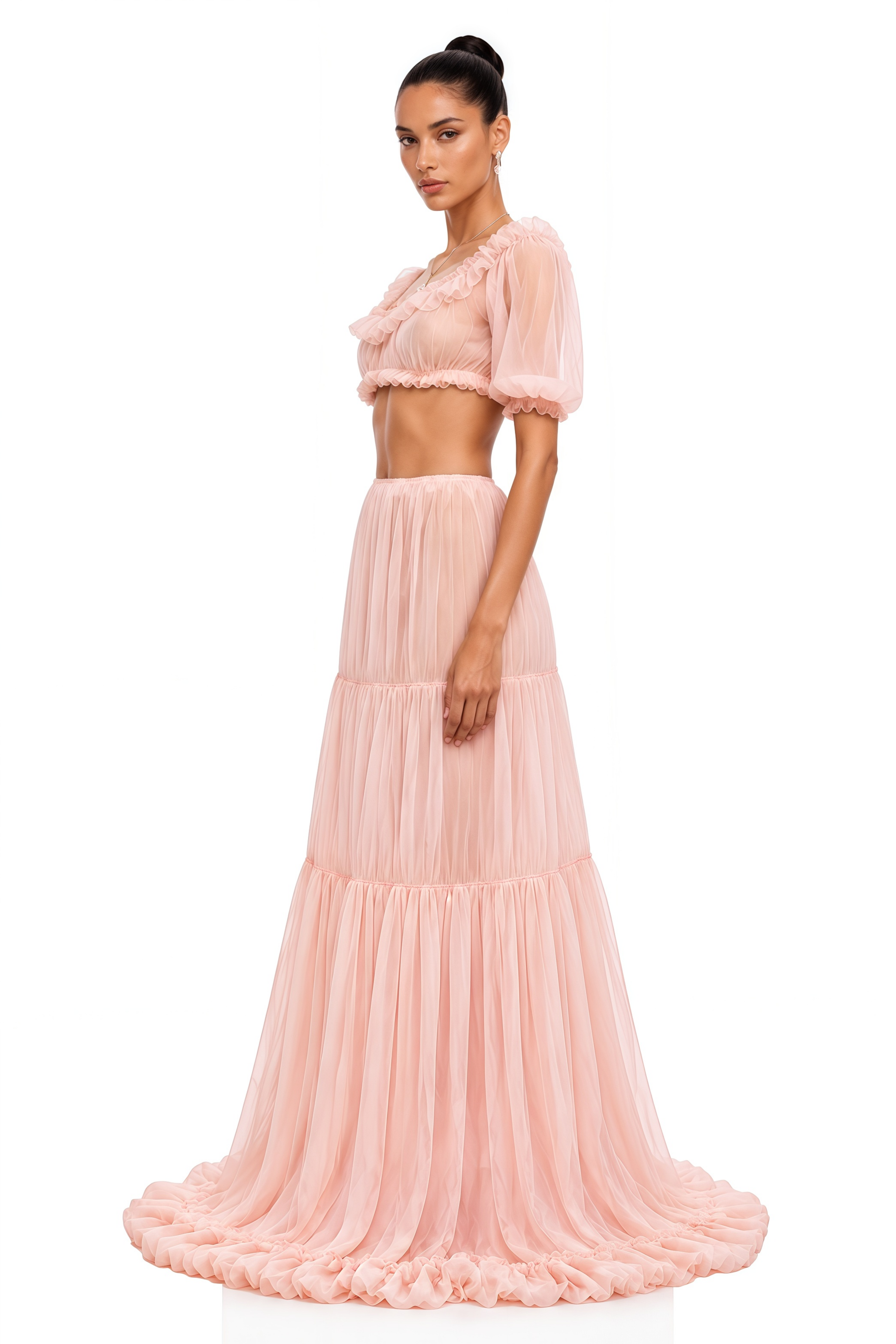 Miranda Pink Puff Sleeves Crop Top & Ruffled Skirt Set