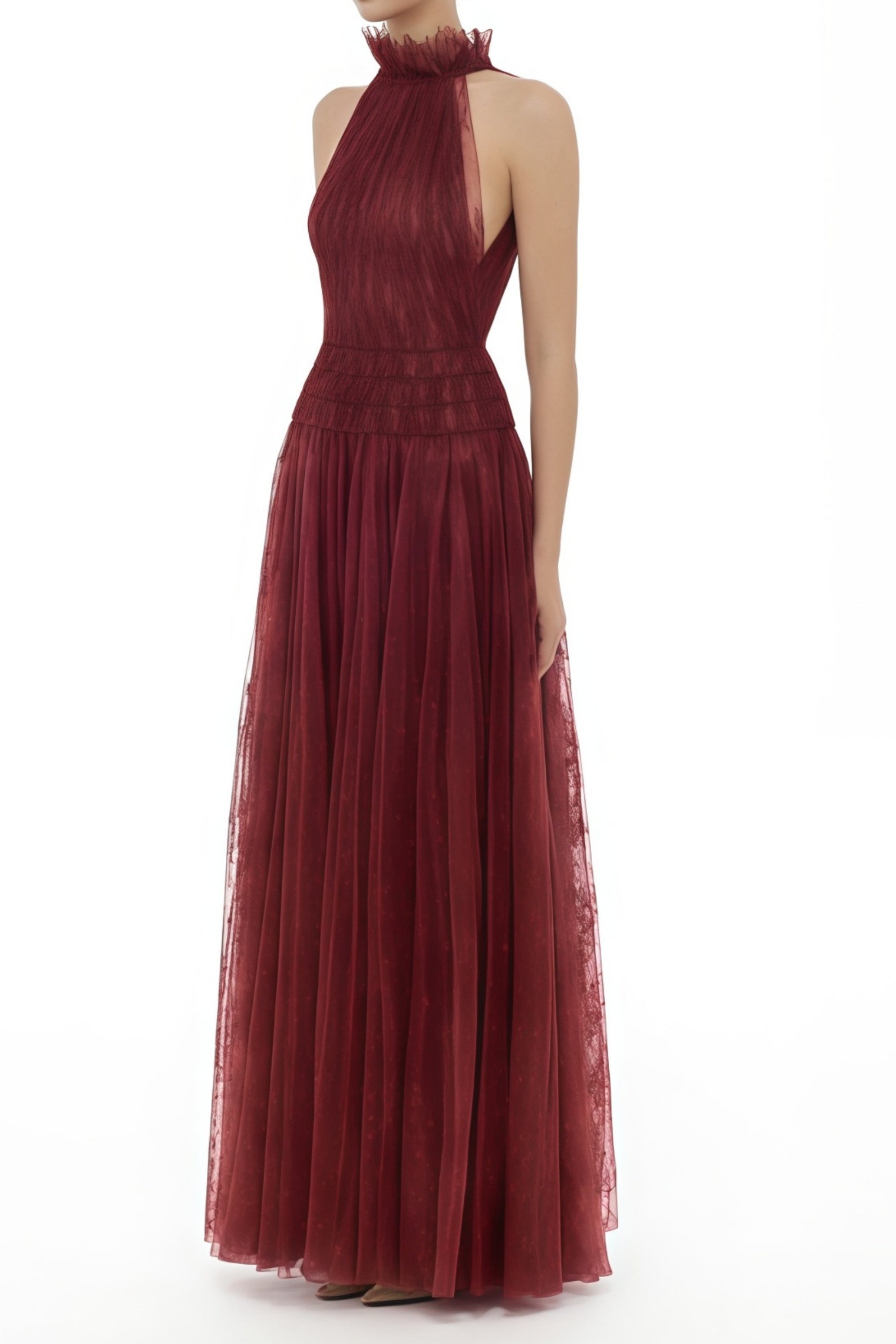 Burgundy Smocked Lace Maxi Dress