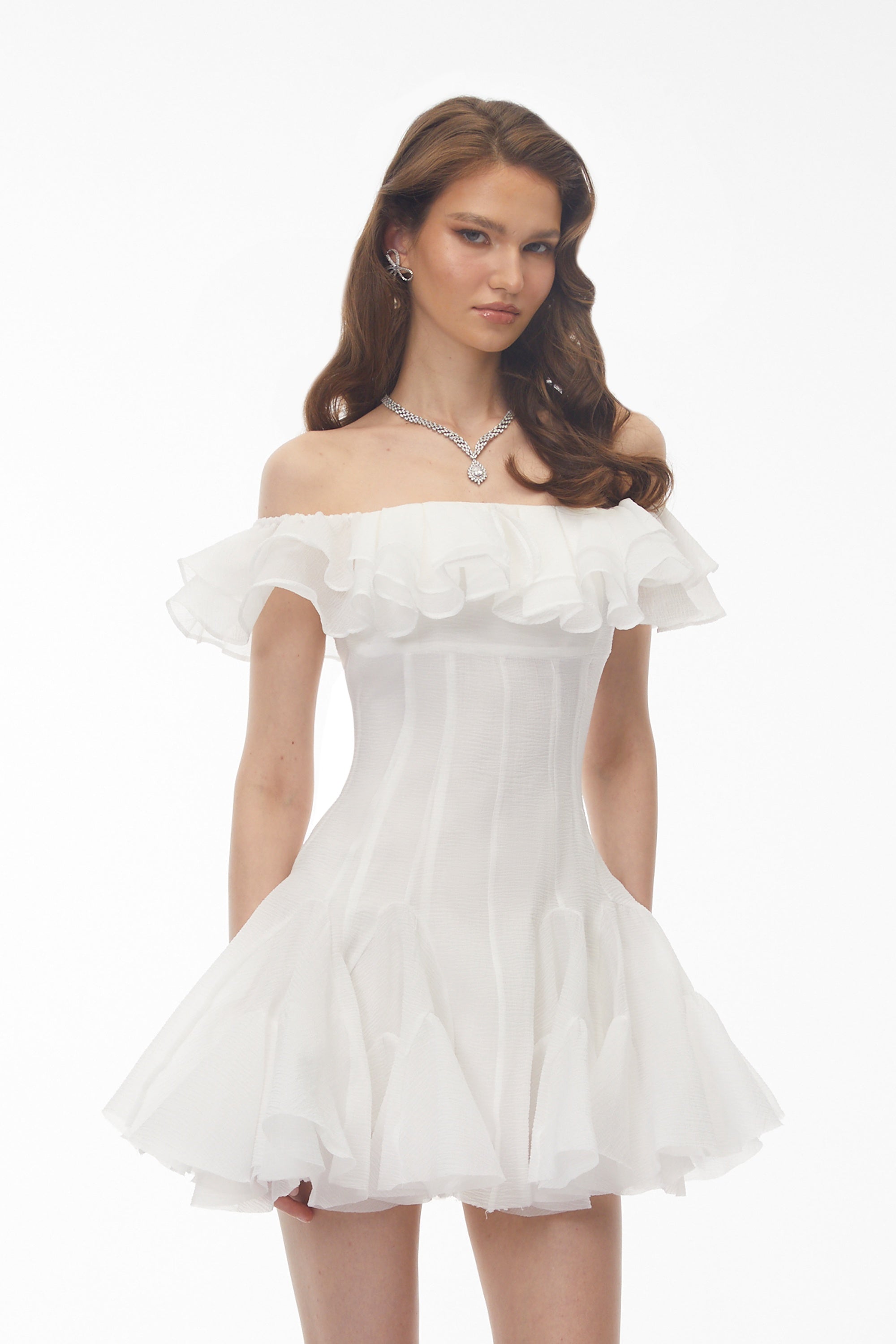 Muriel White Off Shoulder Ruched Mini Dress (Final Sale-US Only)