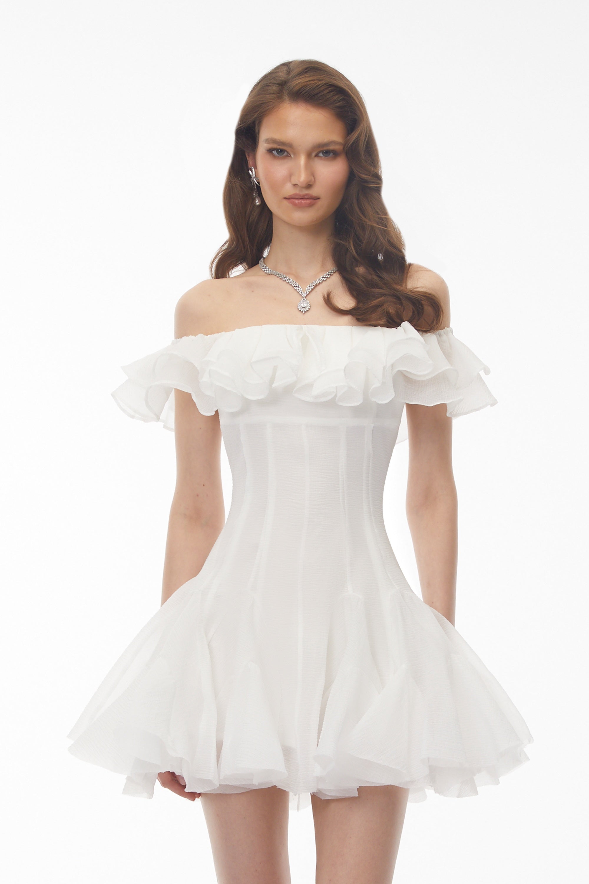 Muriel White Off Shoulder Ruched Mini Dress (Final Sale-US Only)