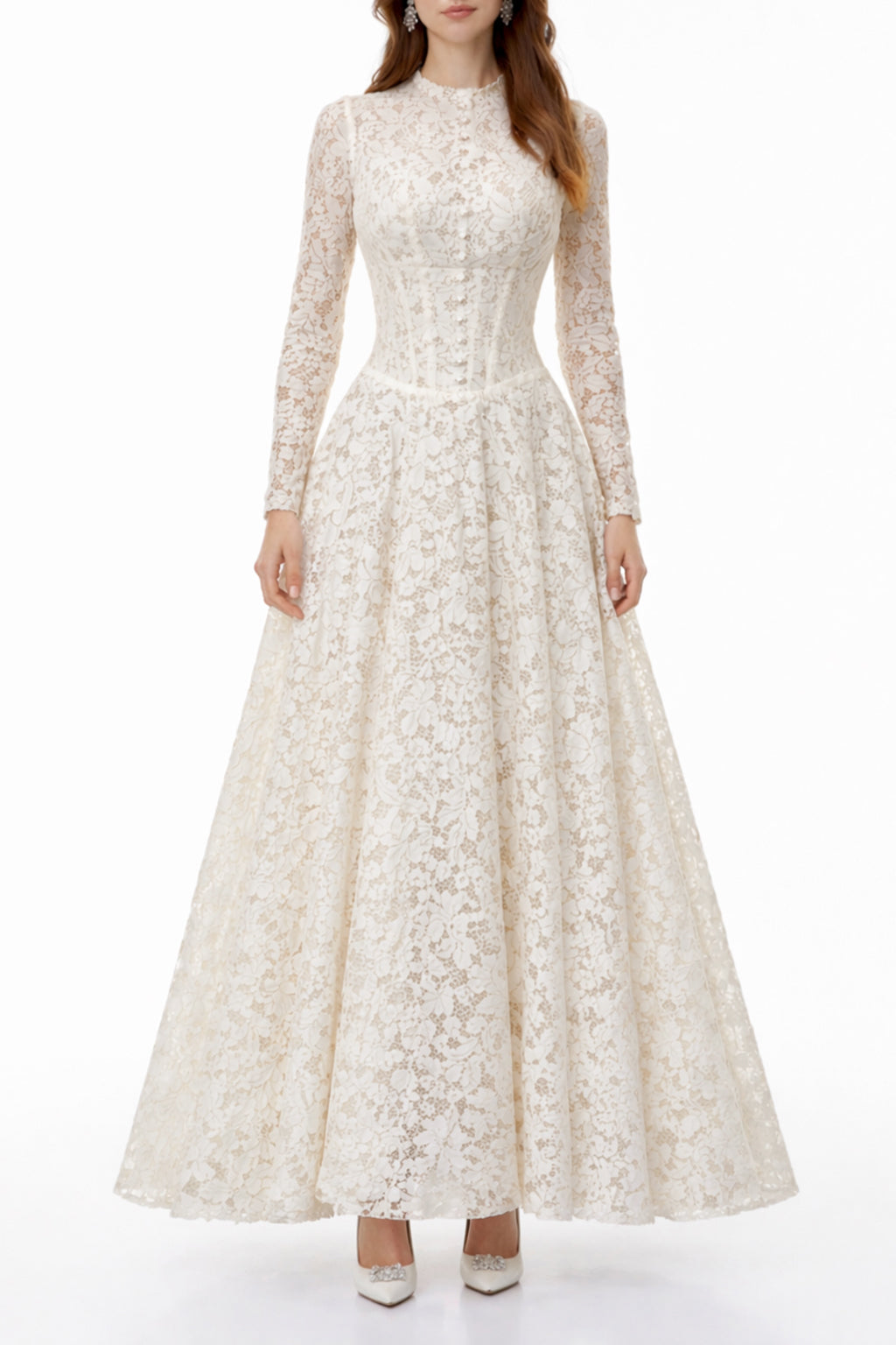 Narges White Lace Maxi Dress with Decorative Buttons (Final Sale-US Only)