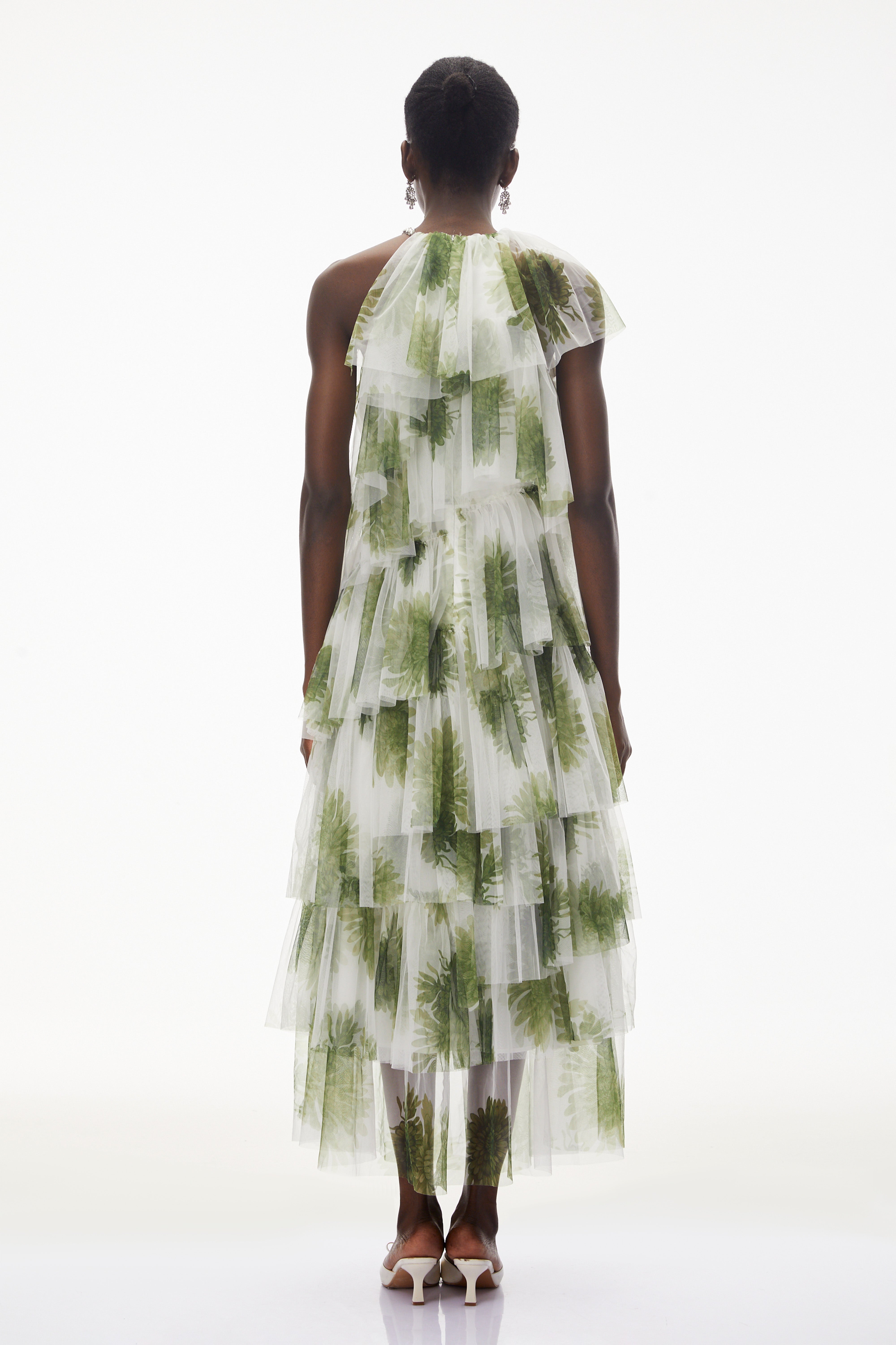 Nitzan Green Printed Tiered Maxi Dress with Sheer Overlay (Final Sale)