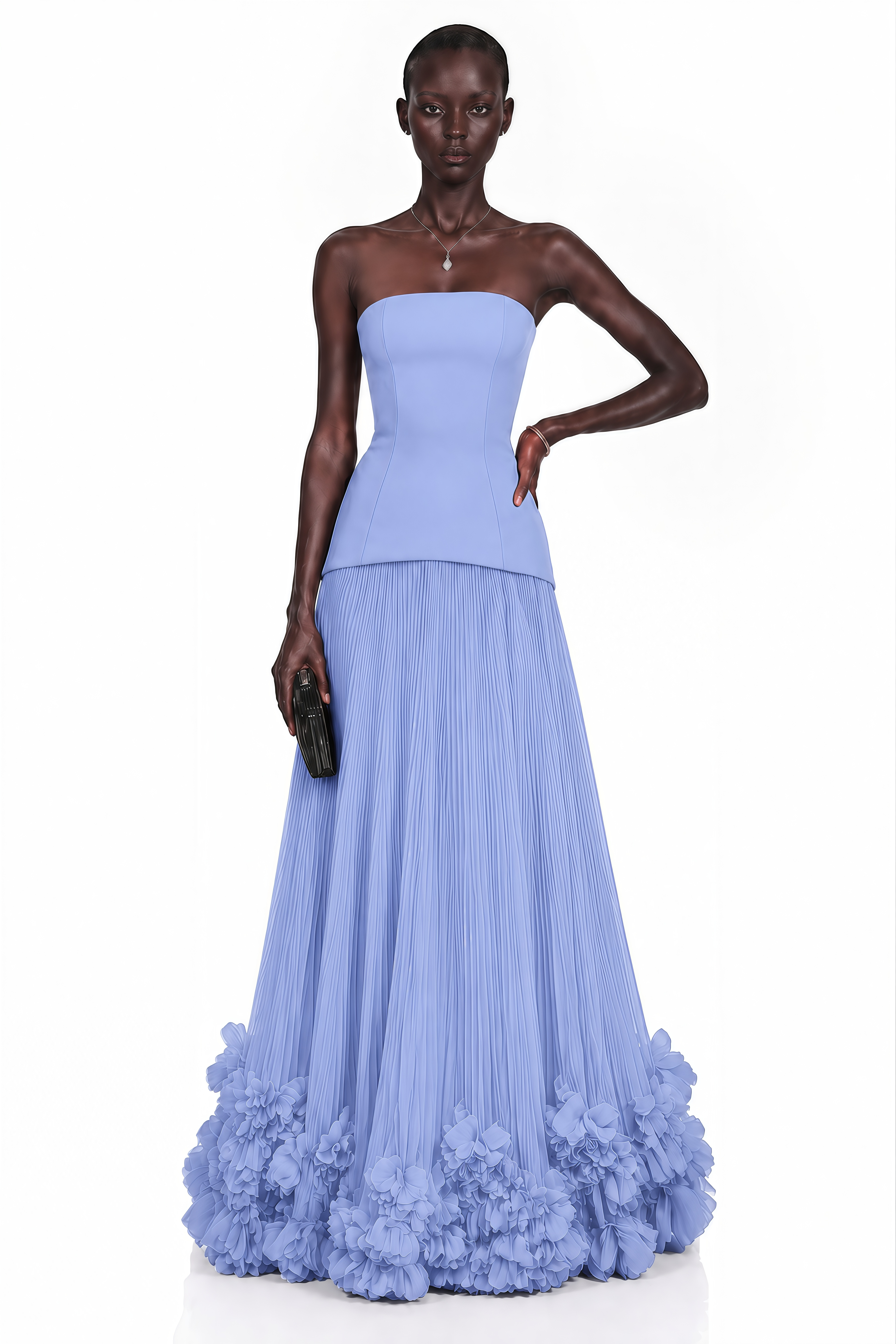 Periwinkle blue strapless gown with a pleated tulle skirt