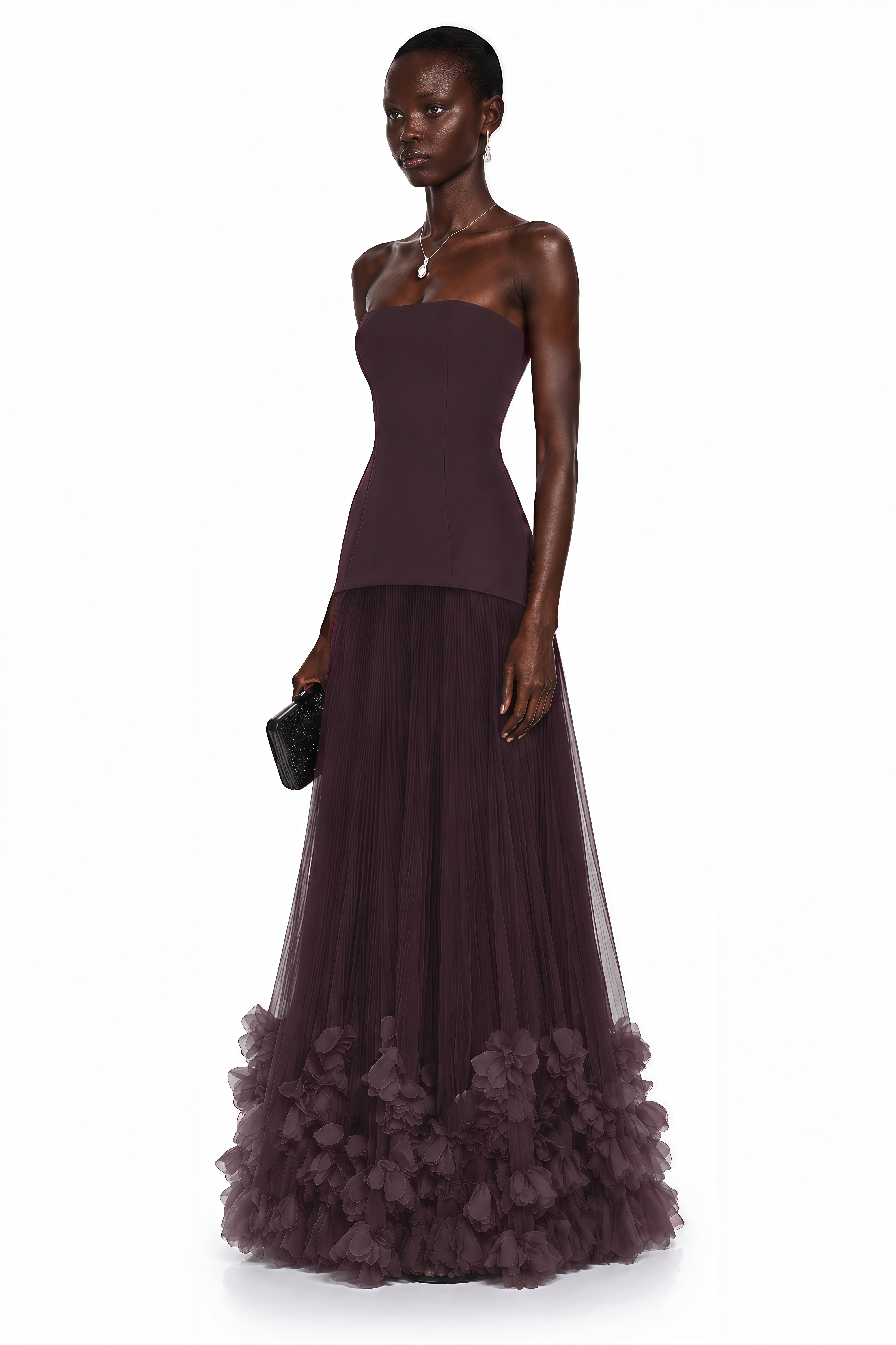 Dark plum strapless gown with a pleated tulle skirt