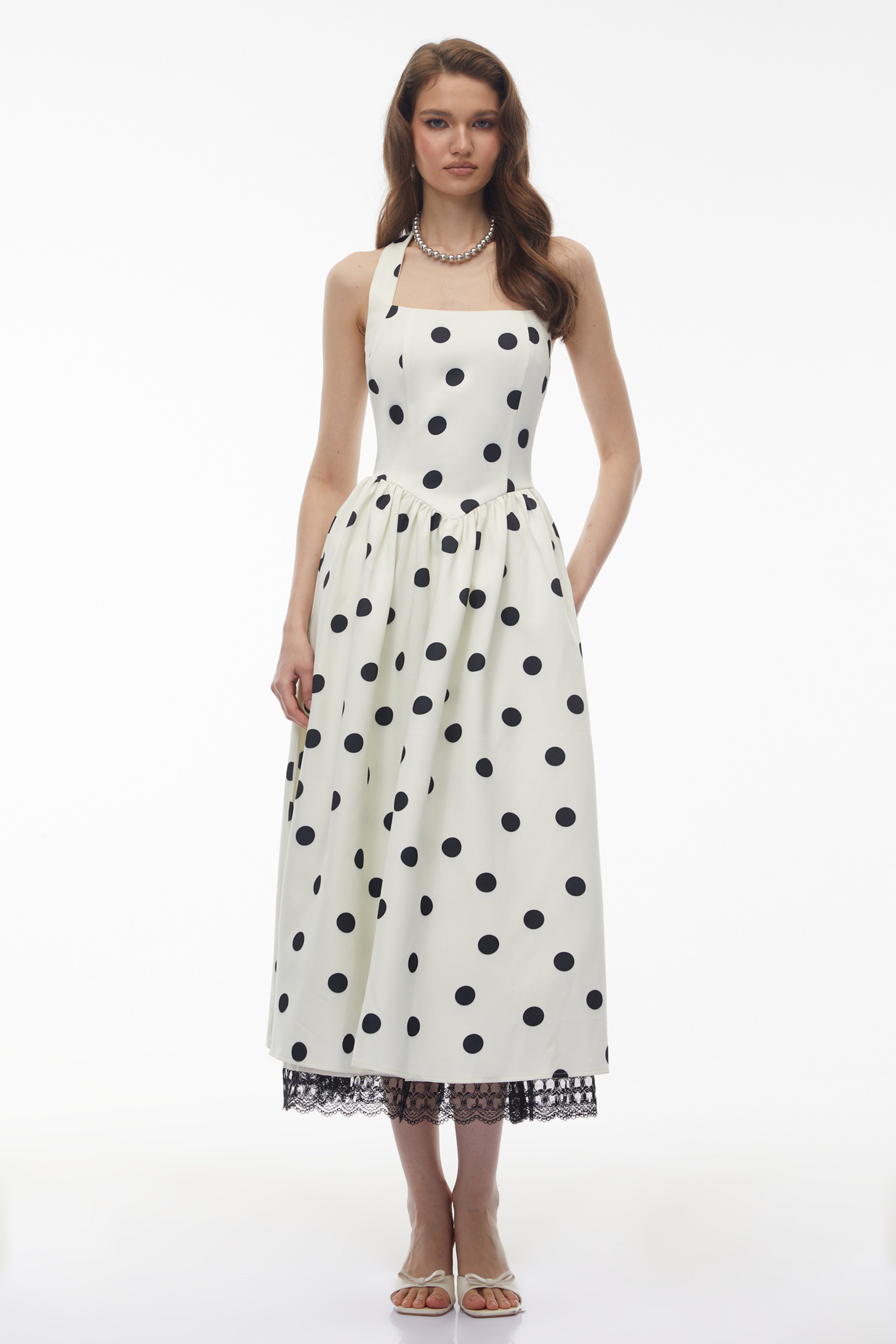 Odelia White Polka Dot Midi Dress with Lace Trim (Final Sale-US Only)