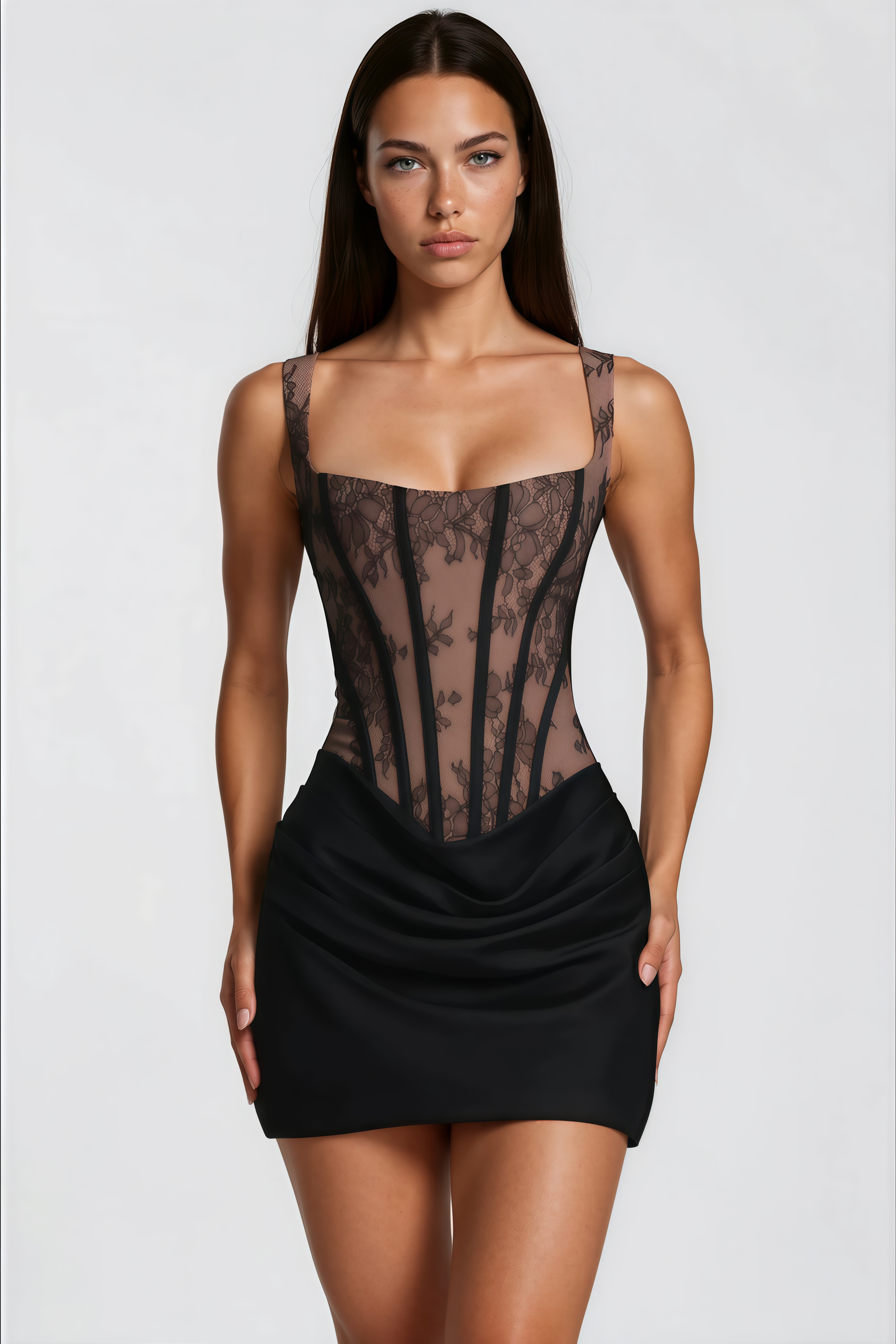 Black Lace Panel Ruched Mini Dress