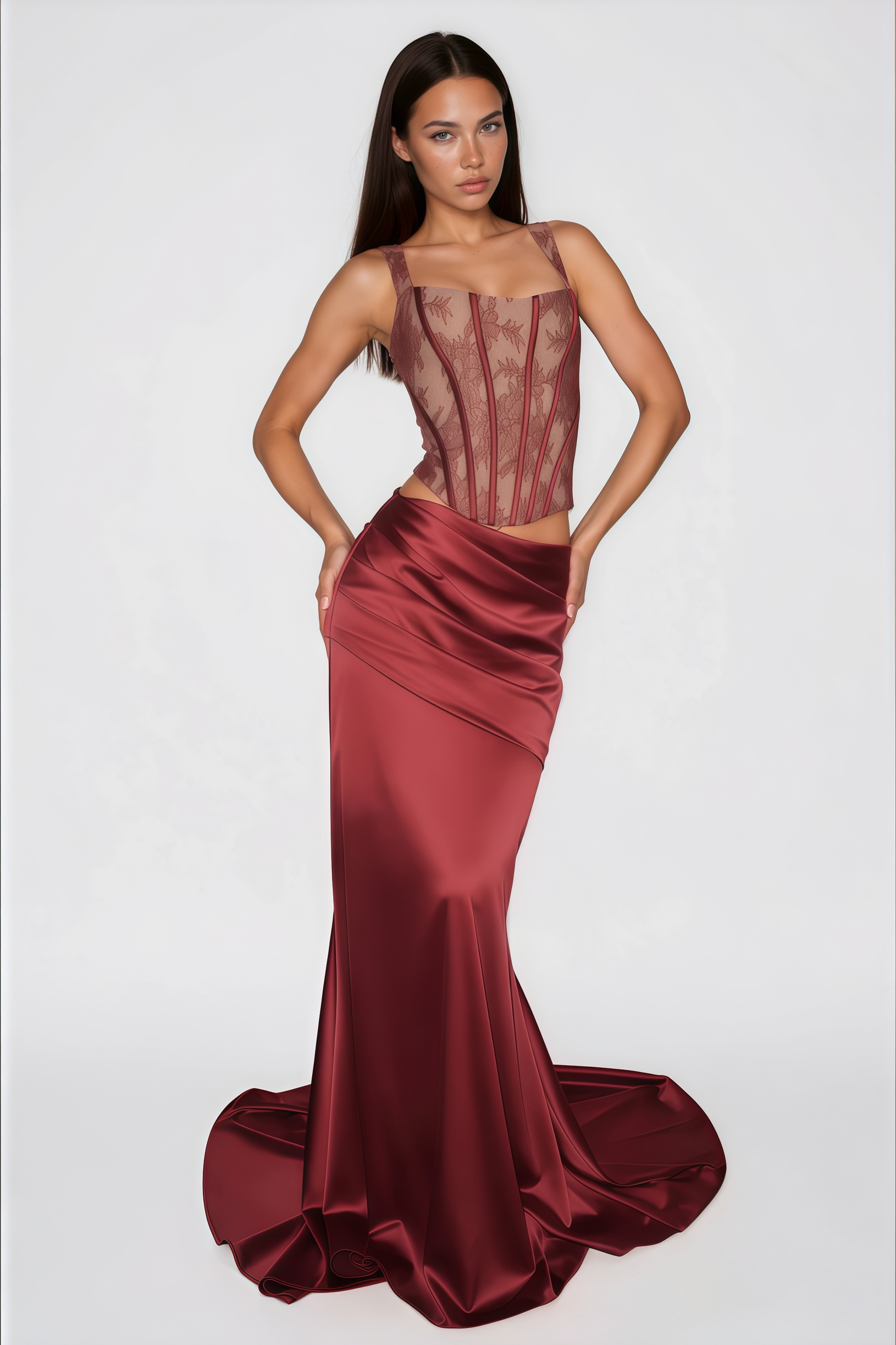 Olesya Red Lace Top & Ruched Skirt Set (Final Sale)