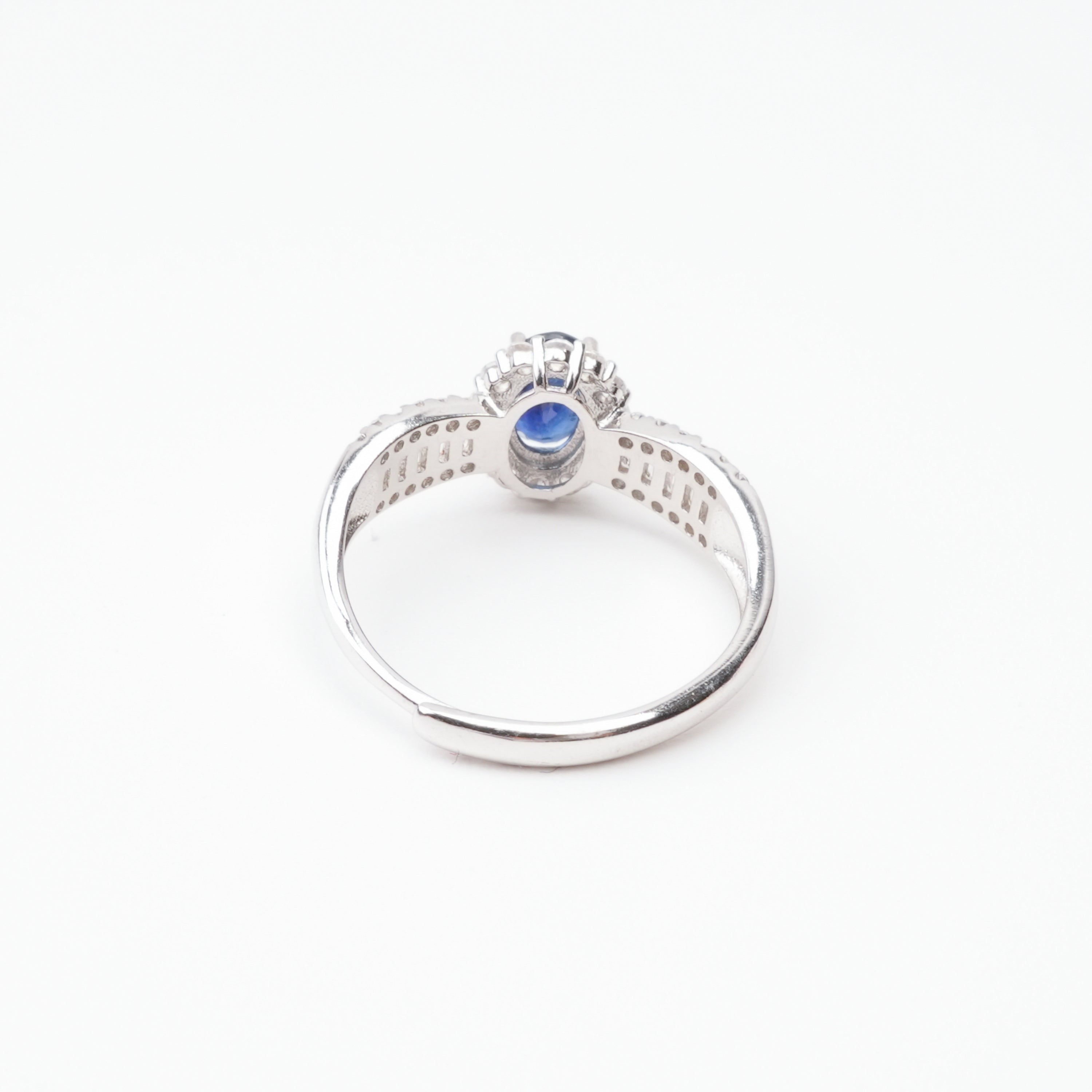 Olympe Blue Sapphire Oval Cut Halo Baguette Crystal Sterling Silver Ring