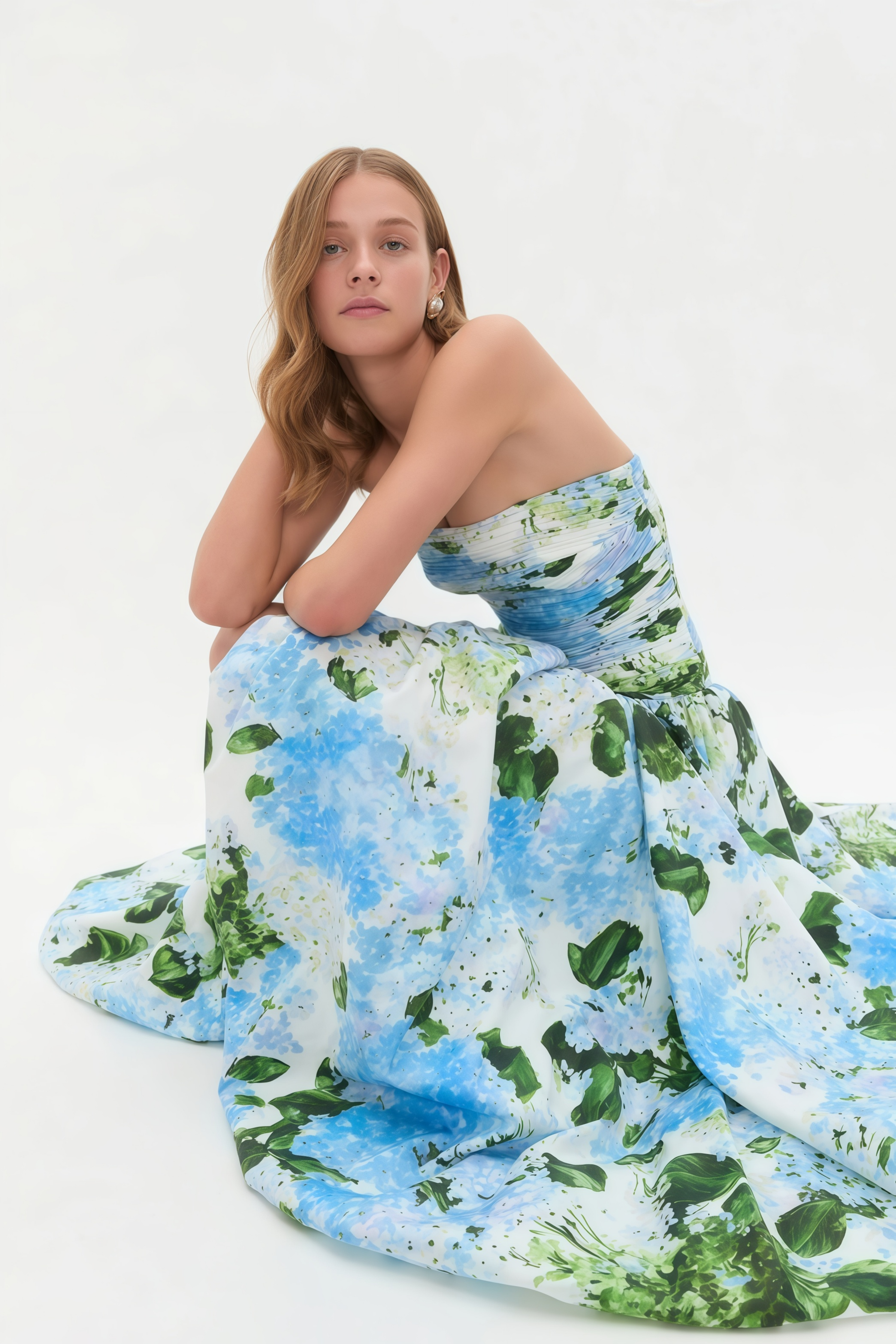 Blue Floral Print Pleated Maxi Dress