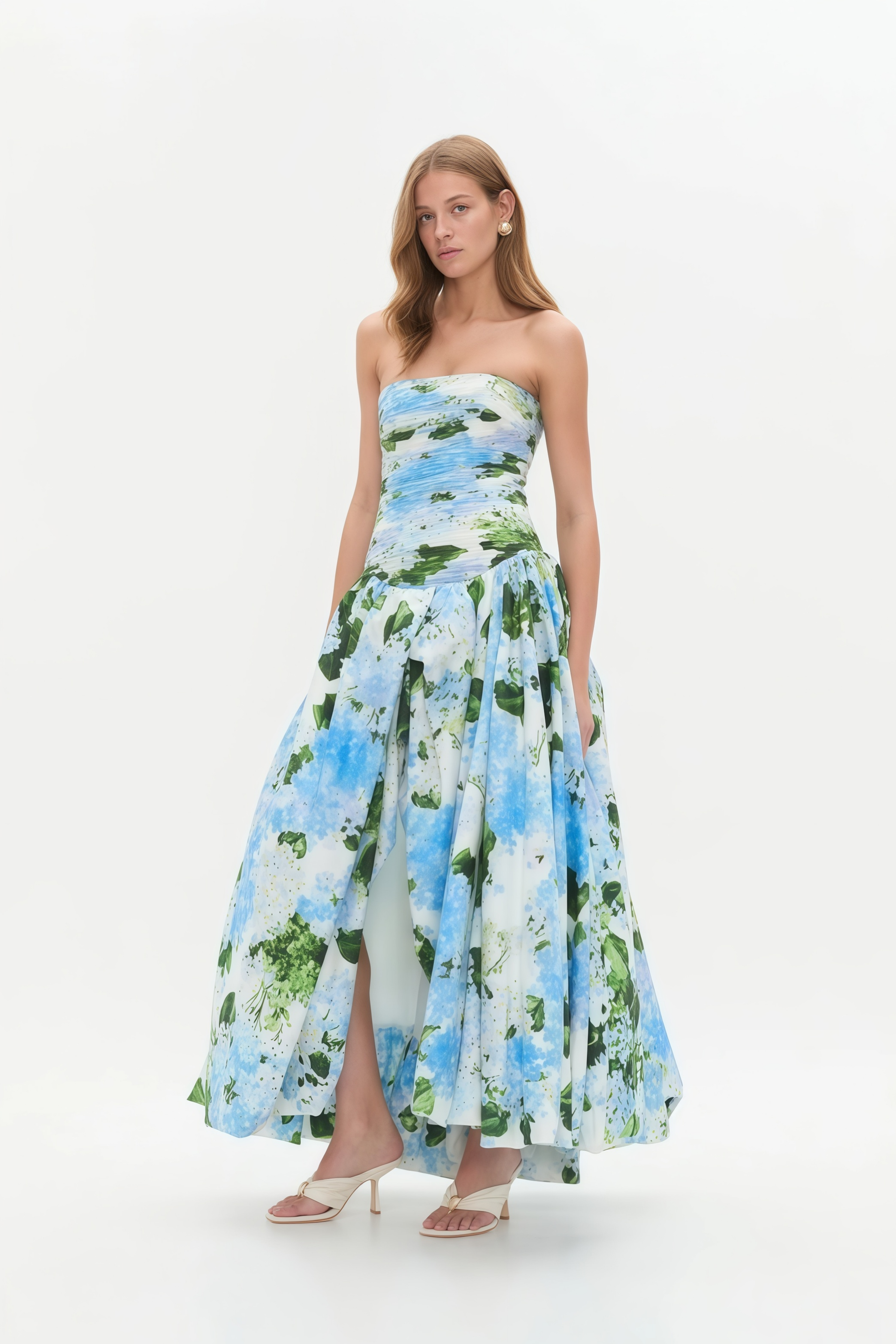 Blue Floral Print Pleated Maxi Dress