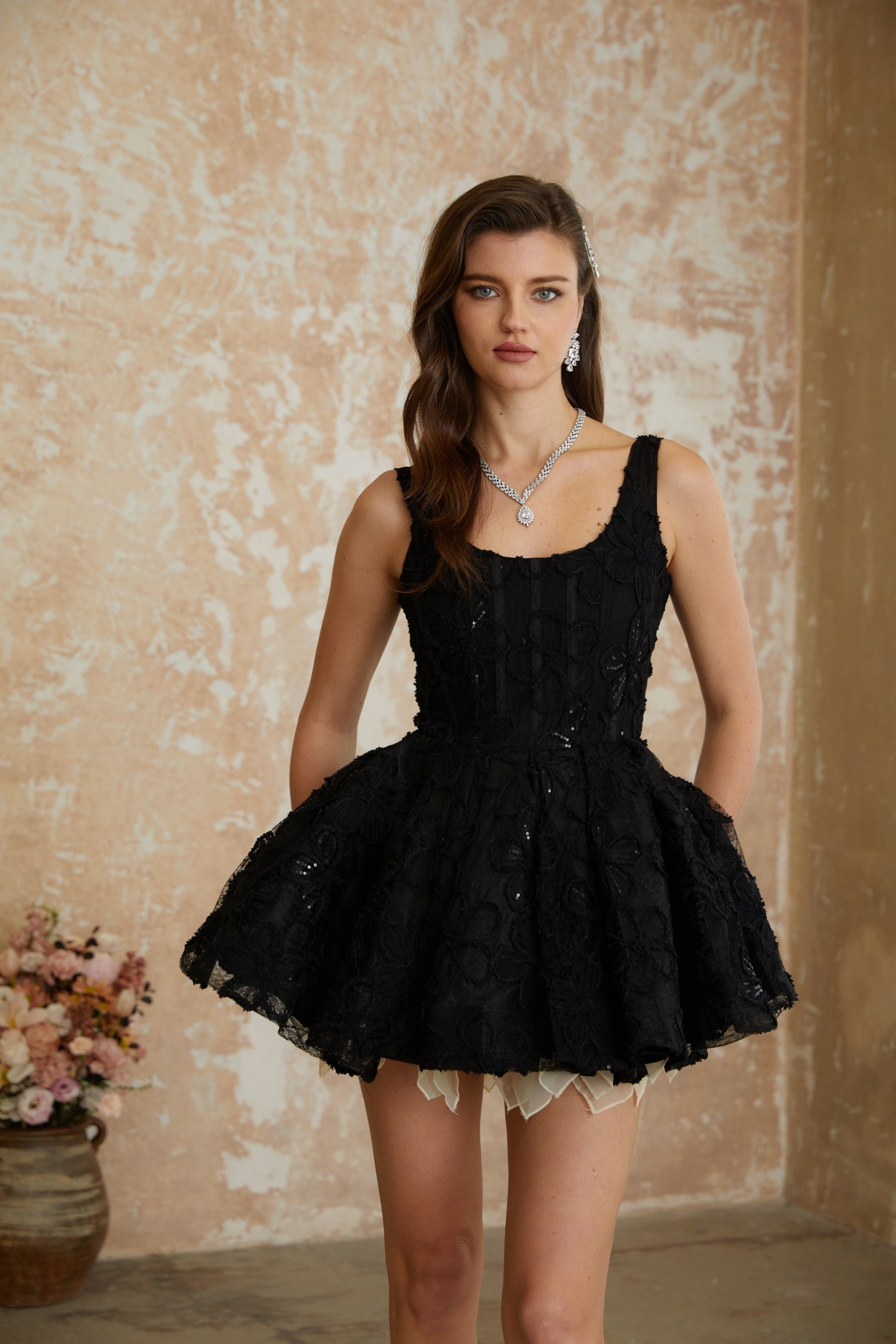 Patrycja Black Floral Embroidered Mini Dress (Final Sale)