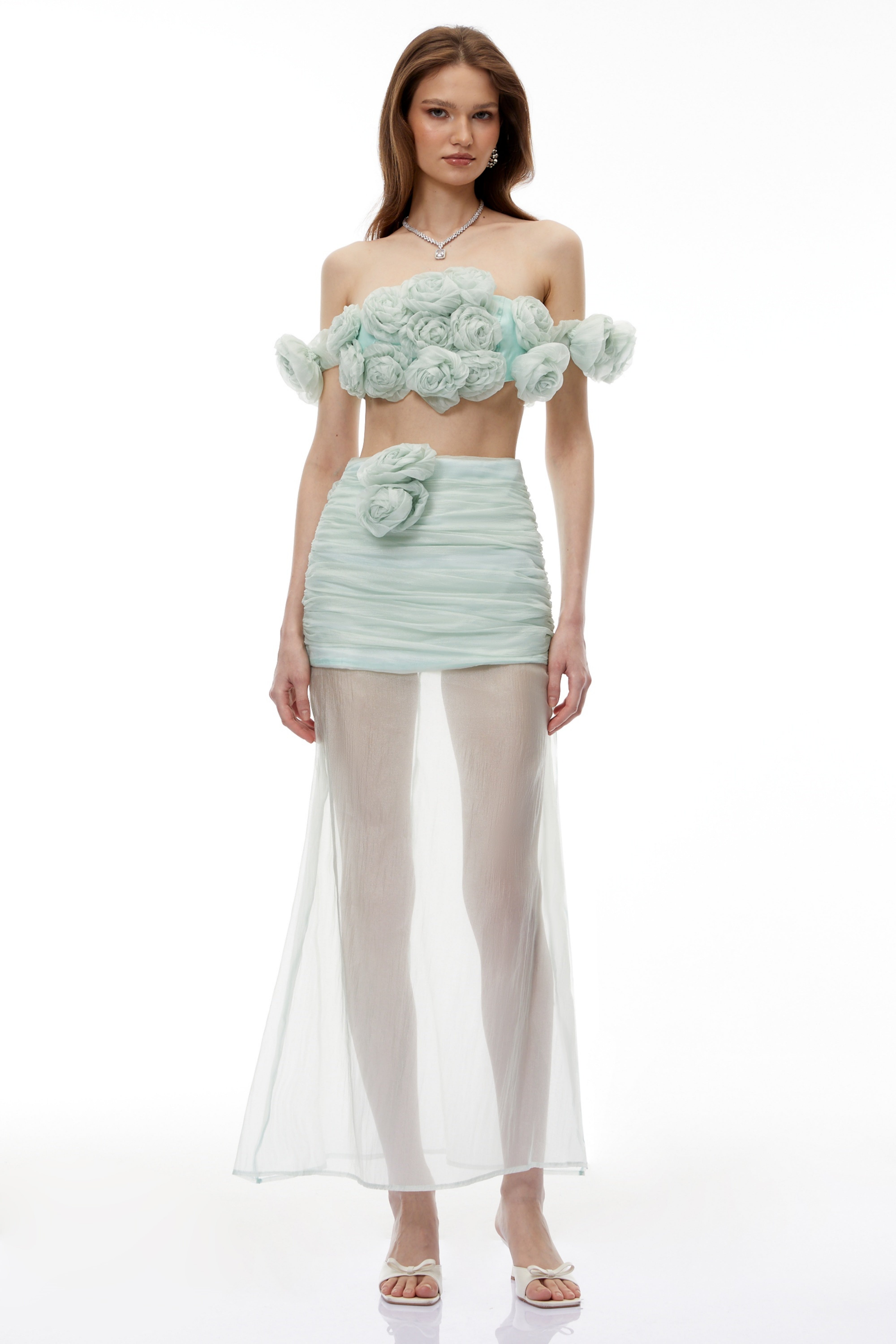 Penelope Green Tulle Top & Skirt Set with 3D Florals (Final Sale)