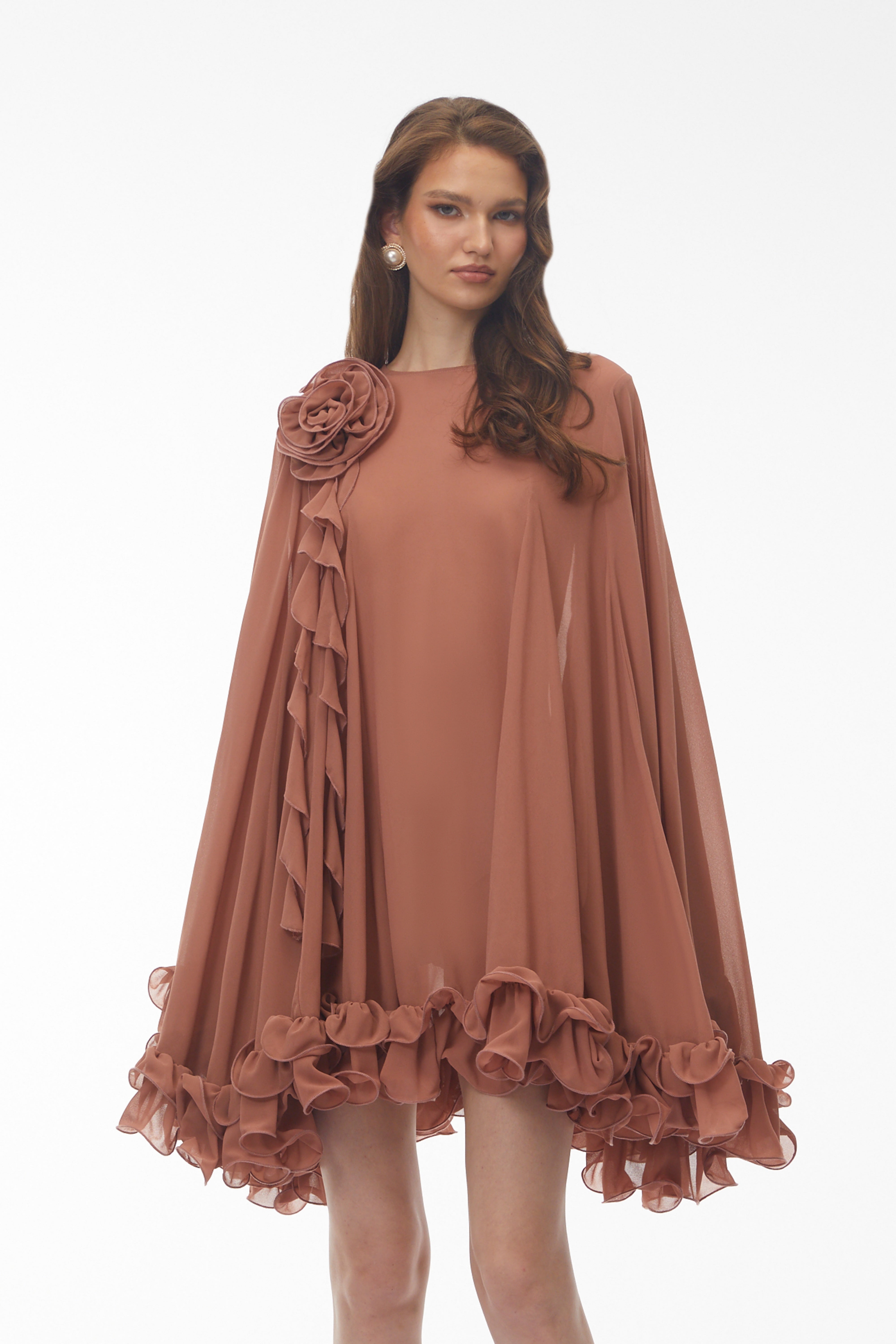 Philippa Terracotta Mini Dress with 3D Florals