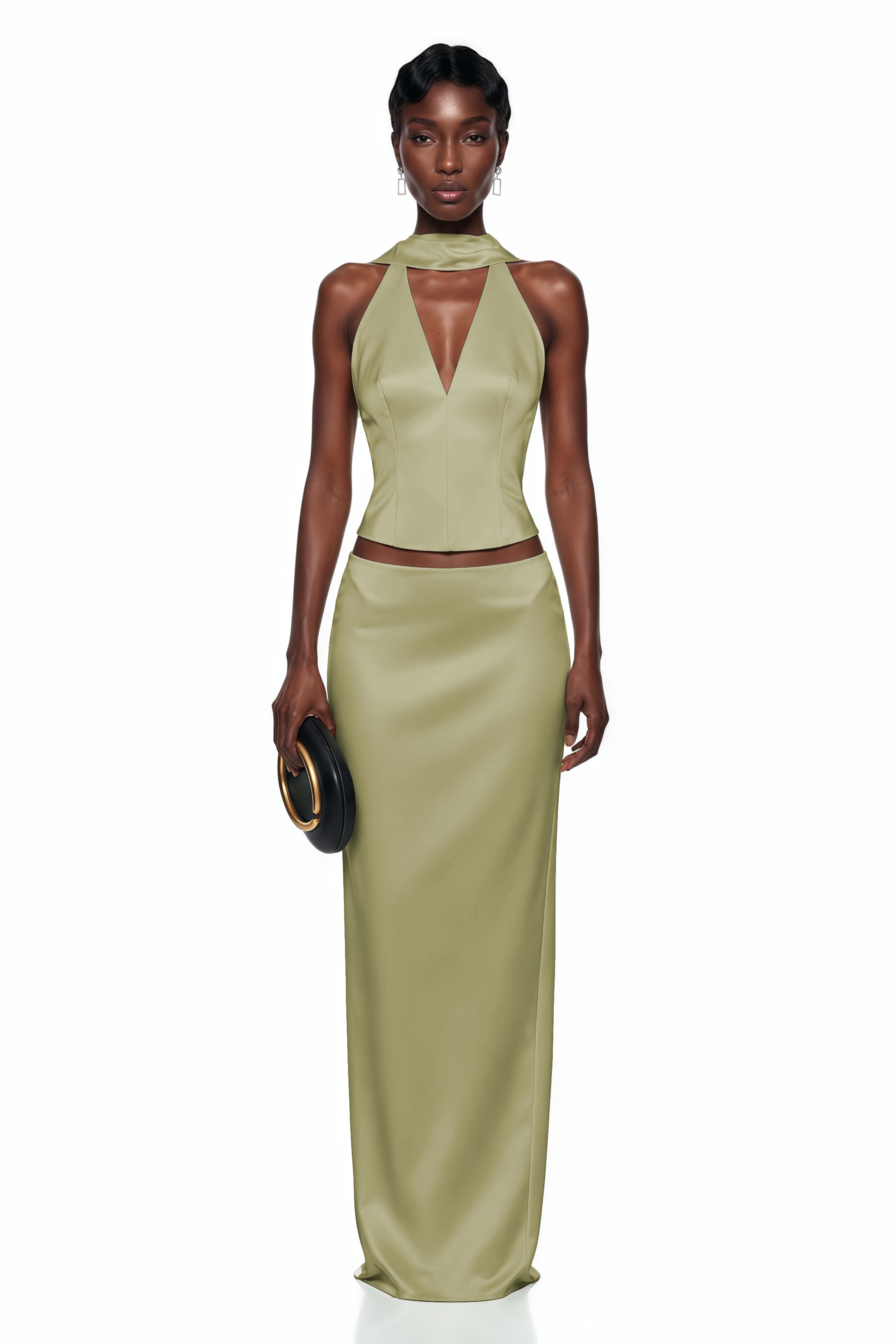 Querubina Green Plunge Neck Satin Top & Skirt Set