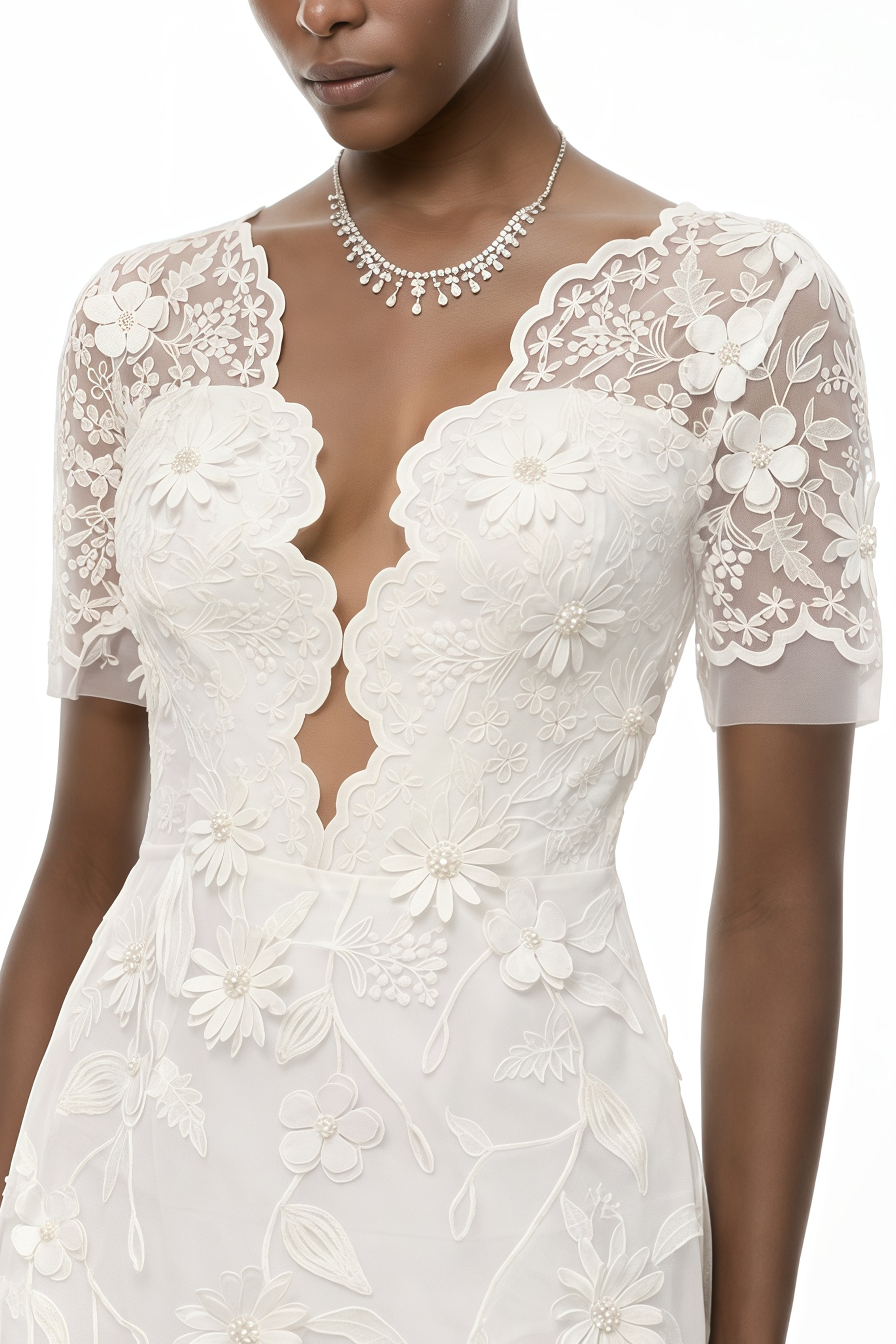Quetz White Midi Dress with 3D Petals (Final Sale)