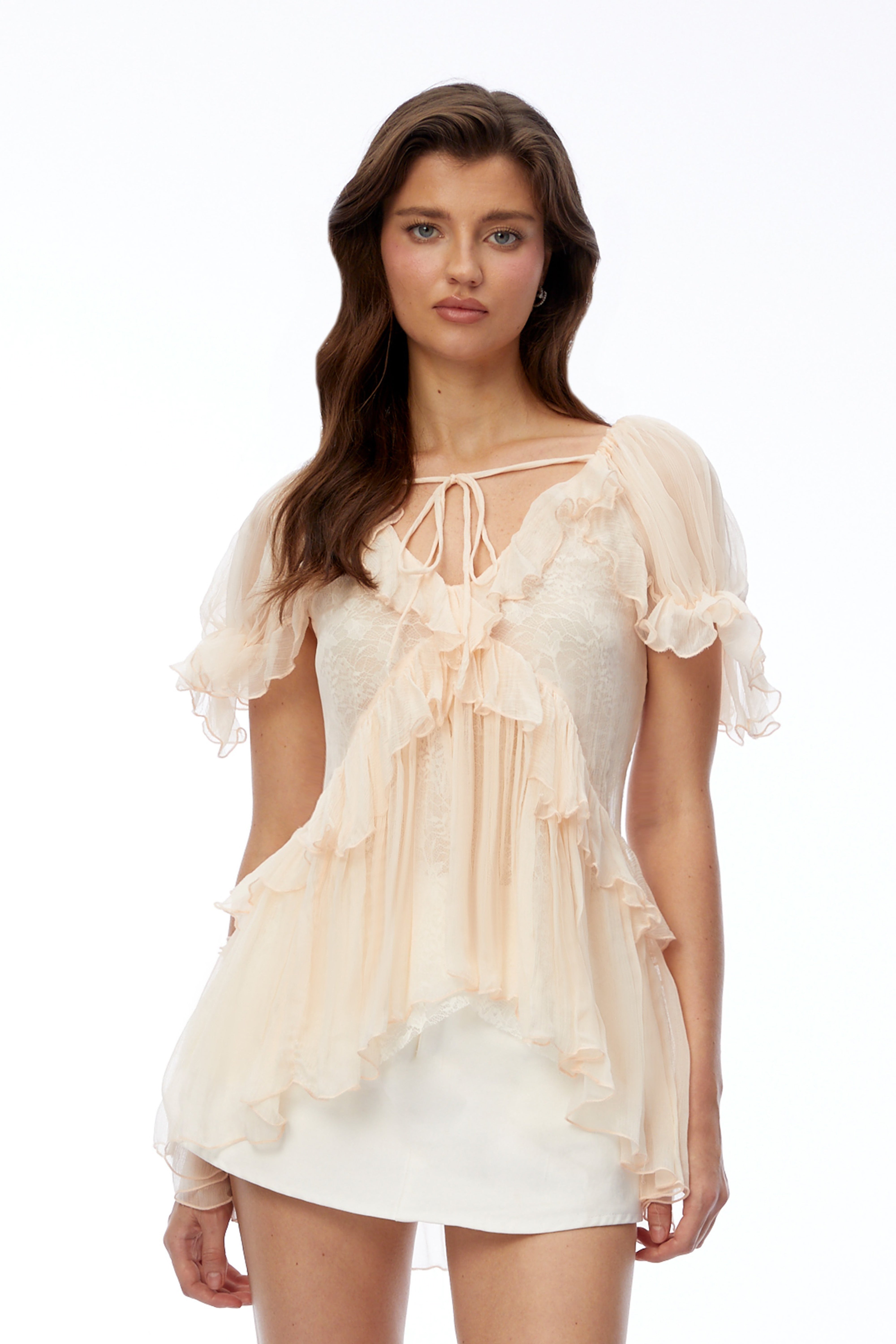 Quitterie Cream V-Neck Lace Blouse with Ruffles