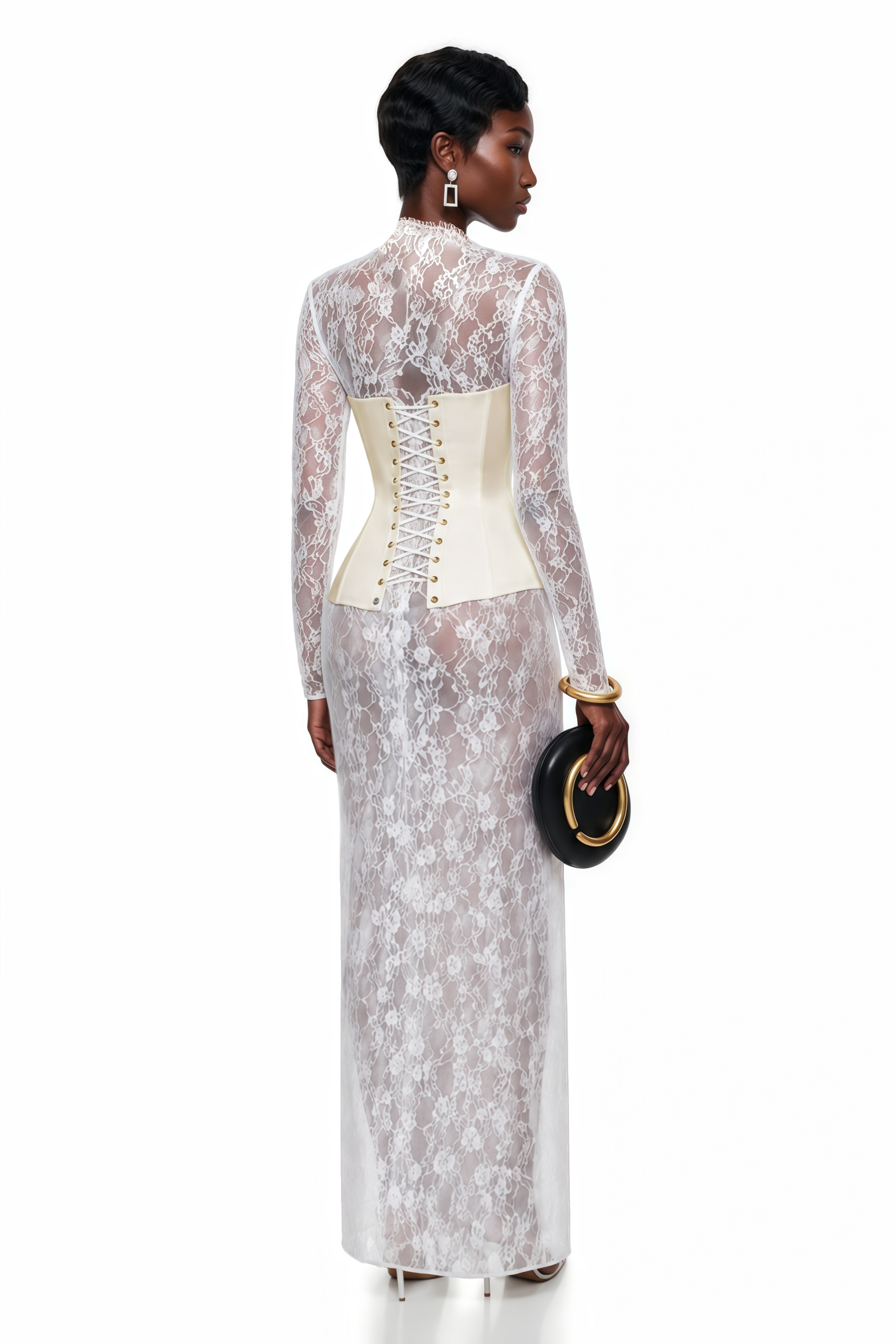 Renata White Ruched Top & Semi Sheer Lace Maxi Dress Set