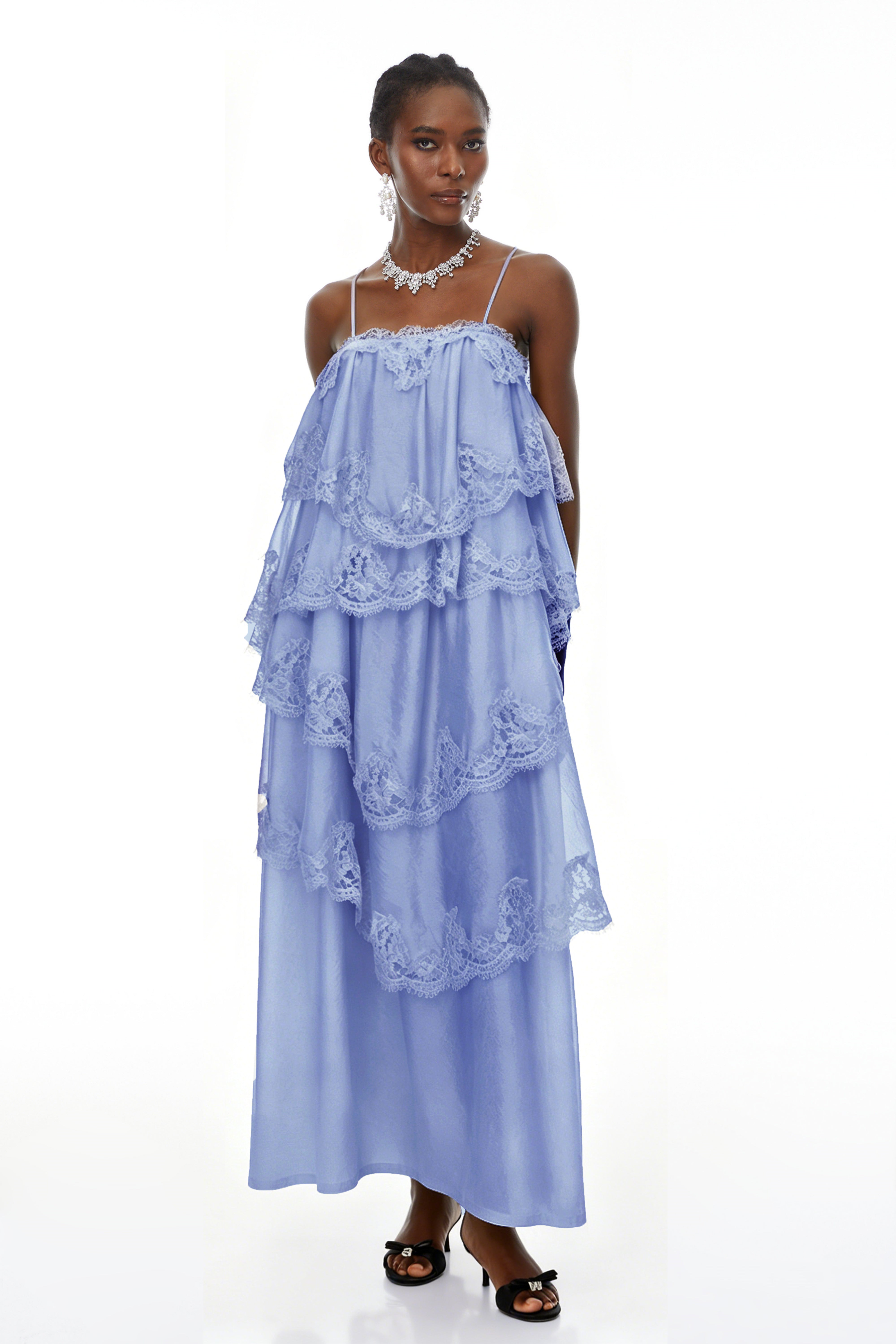 Rhema Blue Tiered Maxi Dress with Lace Trim (Final Sale-US Only)