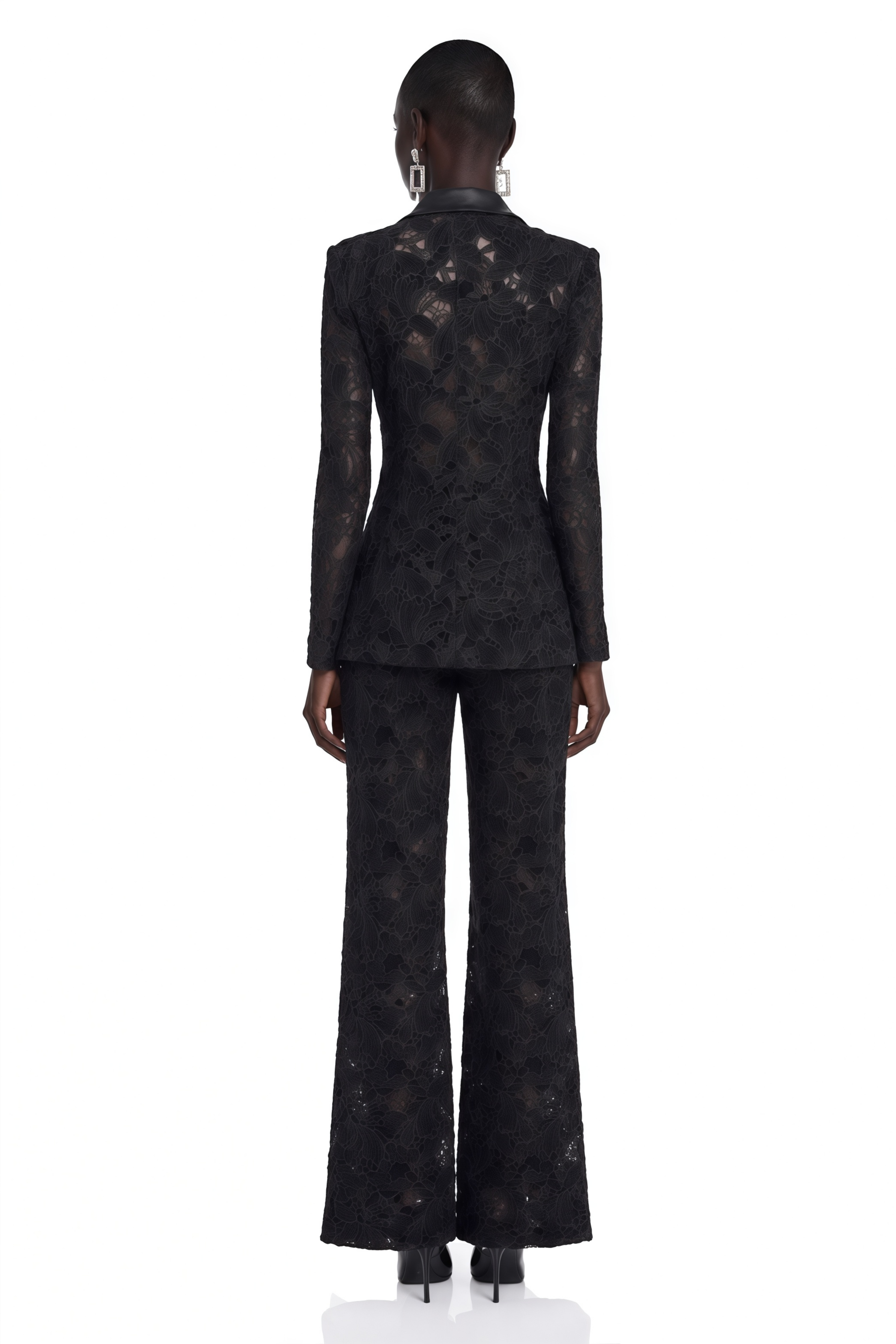 Romilda Black Sheer Floral Lace Blazer & Trouser Set