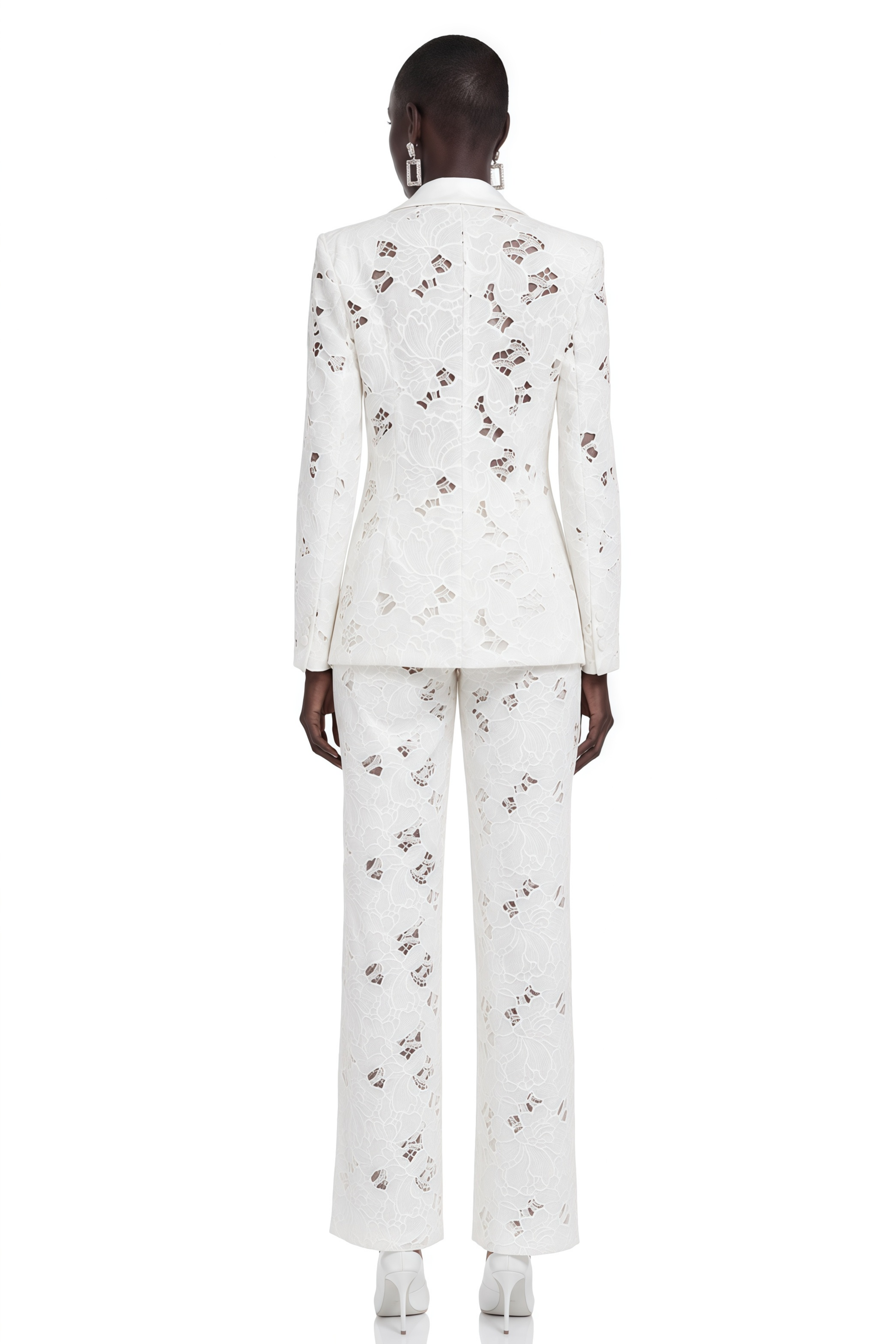 Romilda White Sheer Floral Lace Blazer & Trouser Set