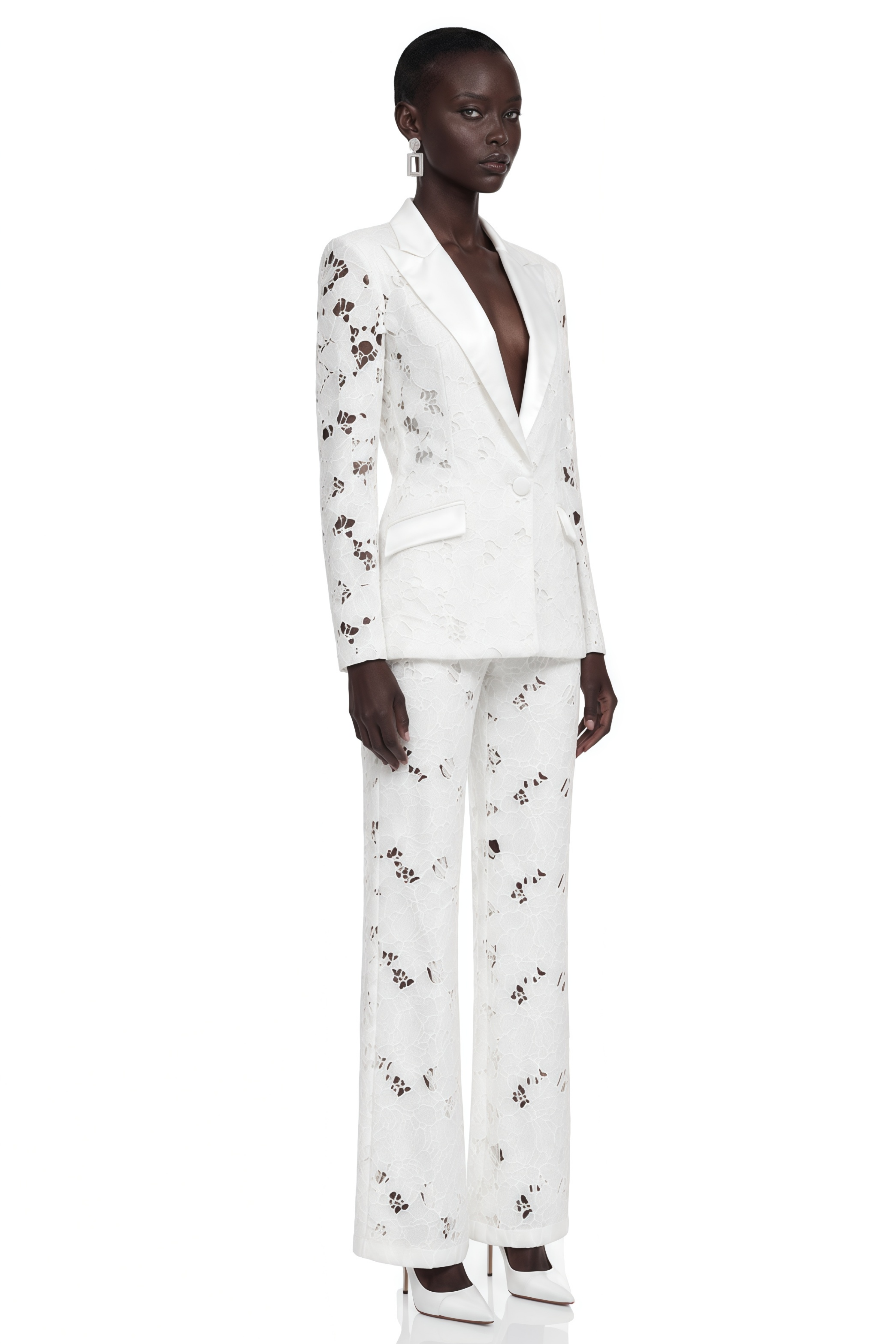 Romilda White Sheer Floral Lace Blazer & Trouser Set