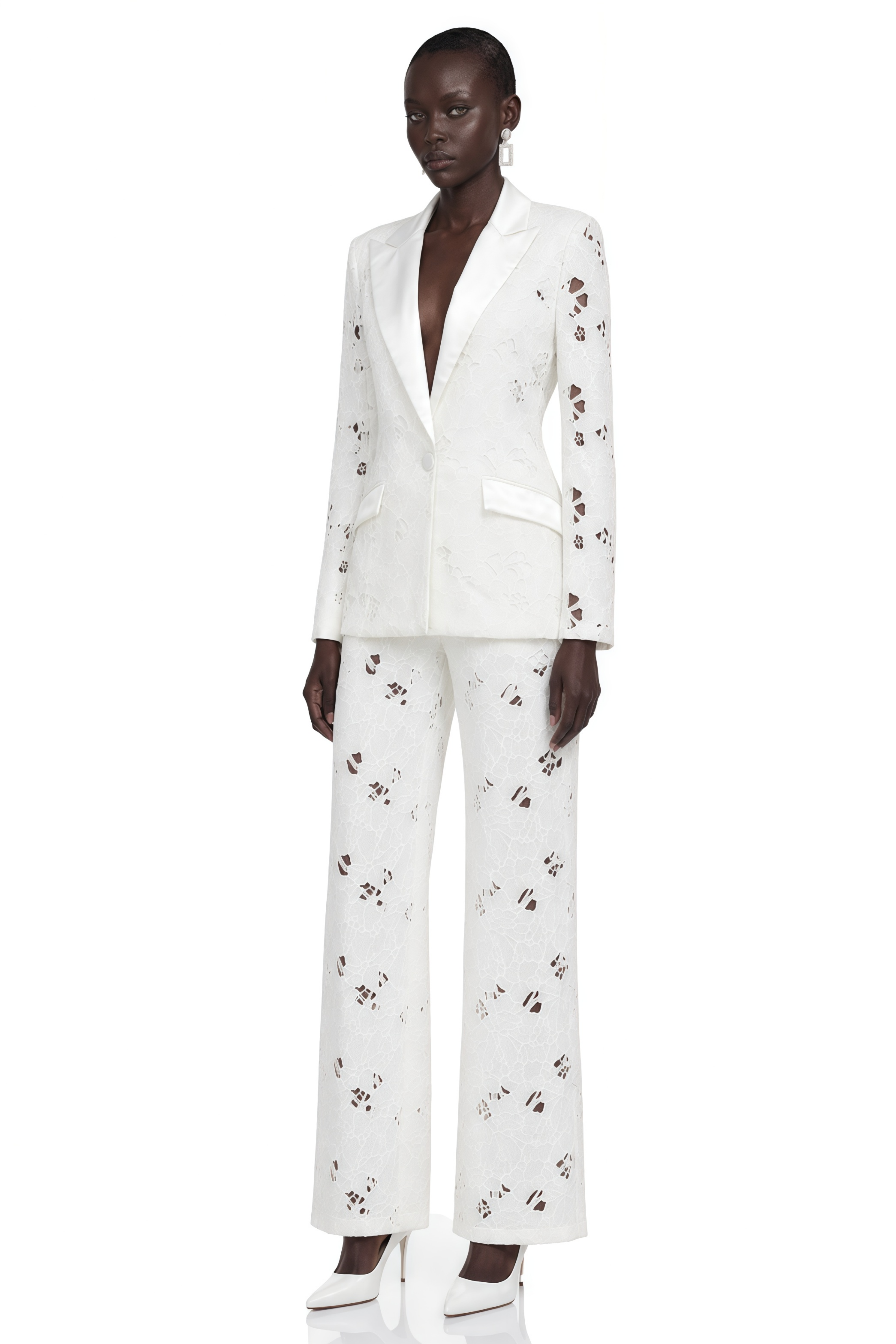 Romilda White Sheer Floral Lace Blazer & Trouser Set
