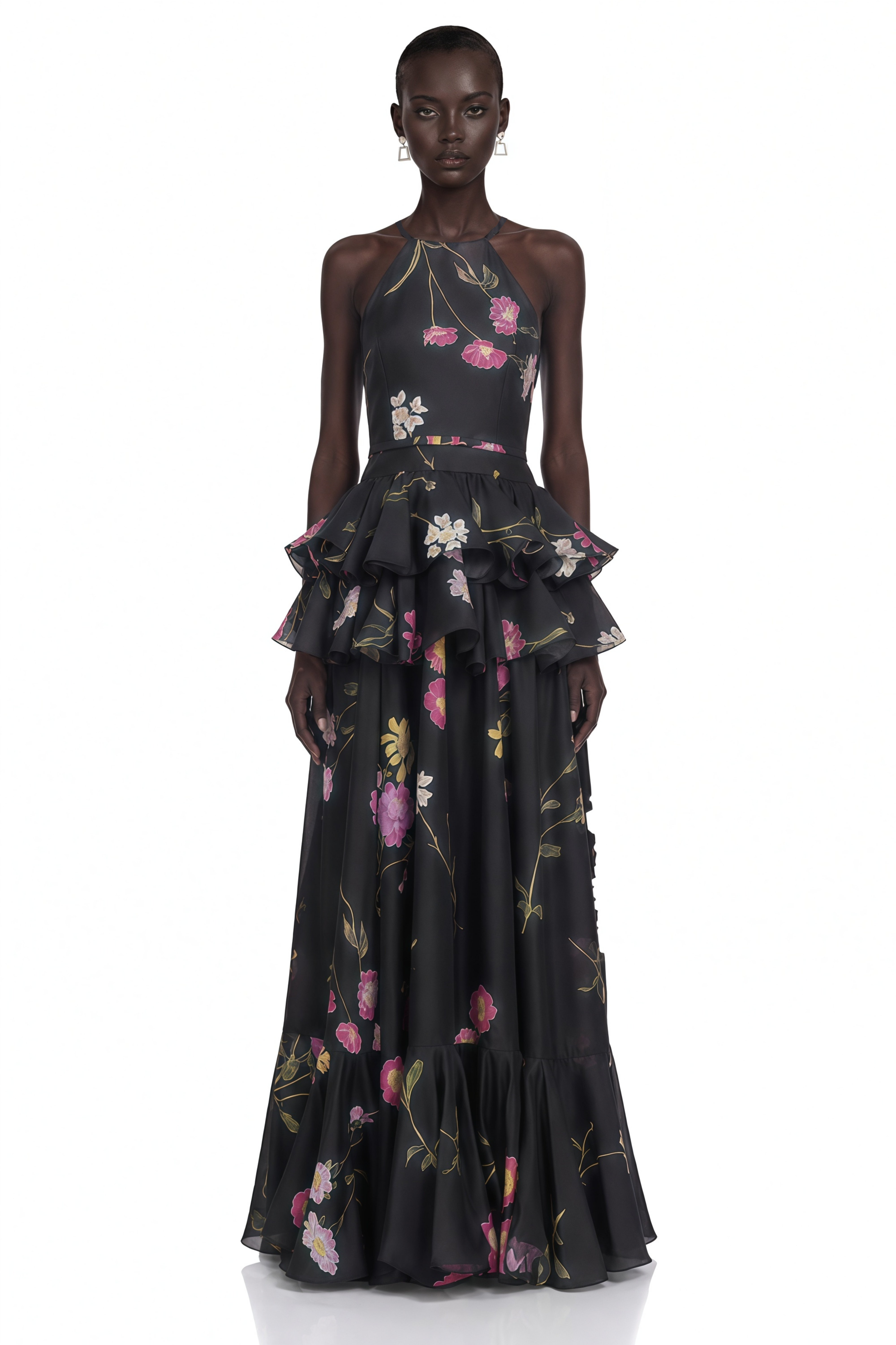 Rosalie Black Floral Print Halterneck Tiered Maxi Dress