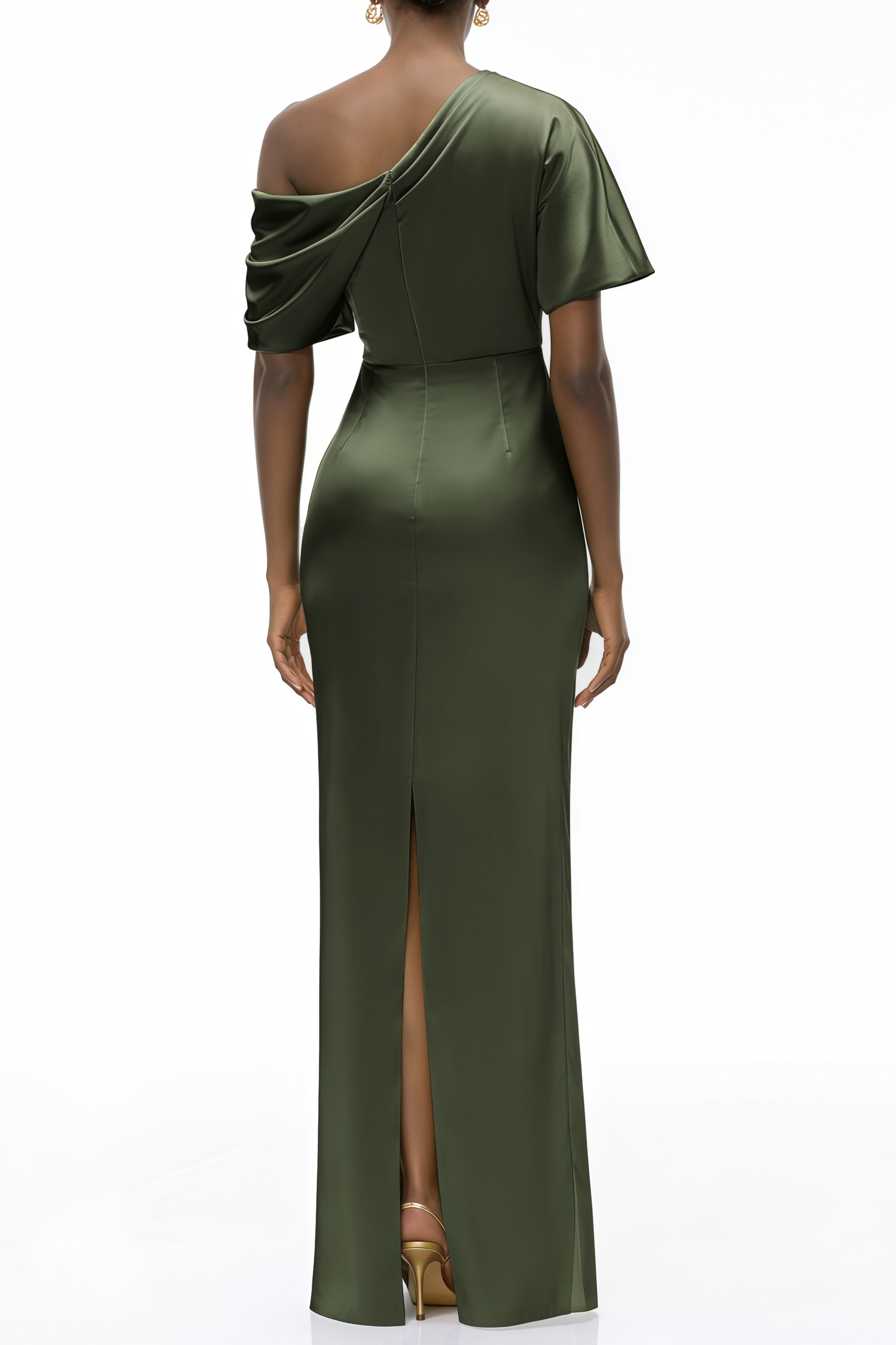 Olive green satin maxi dress with a draped one-shoulder neckline and ruched fitted skirt