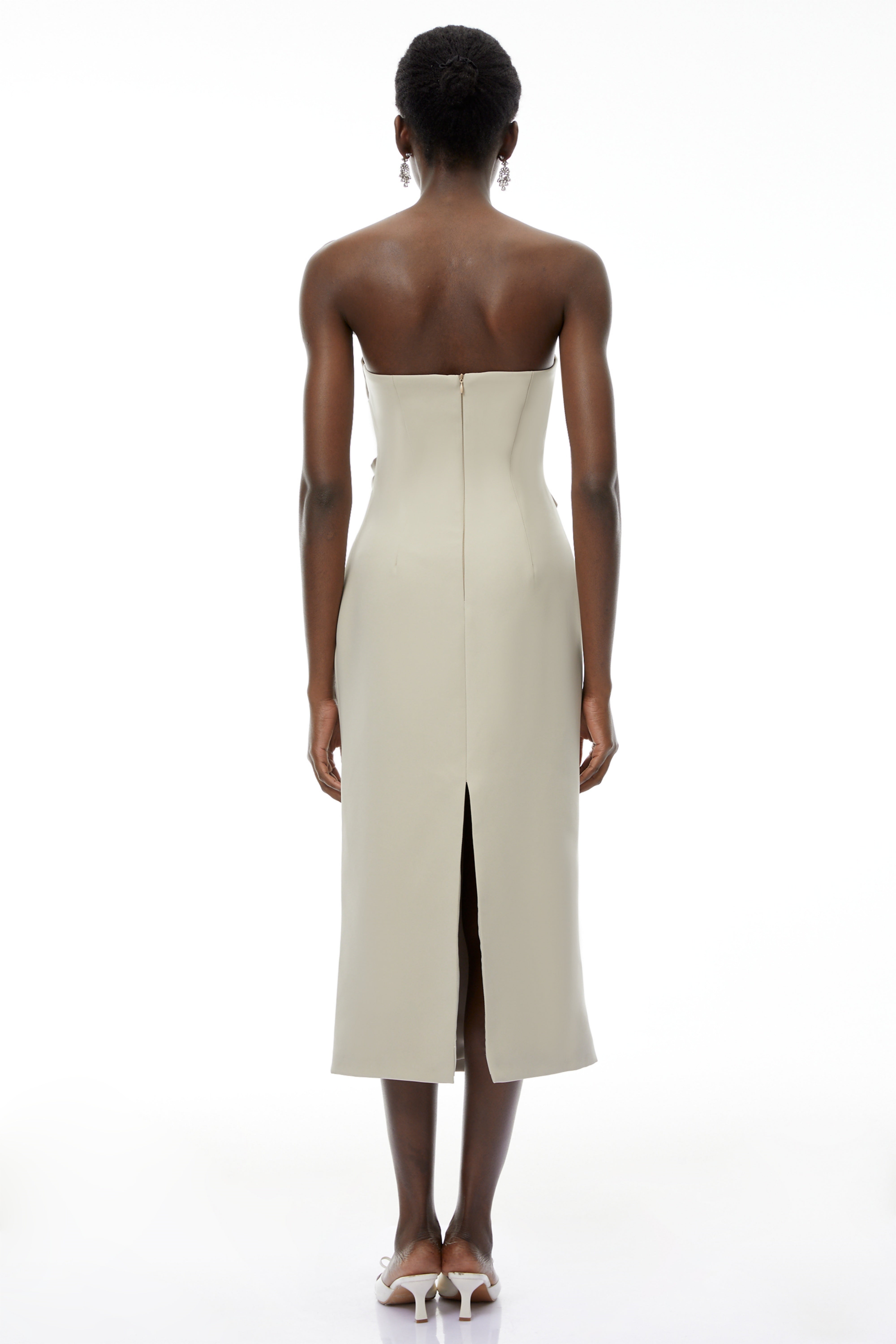 Rowena Khaki Asymmetrical Off Shoulder Midi Dress (Final Sale)