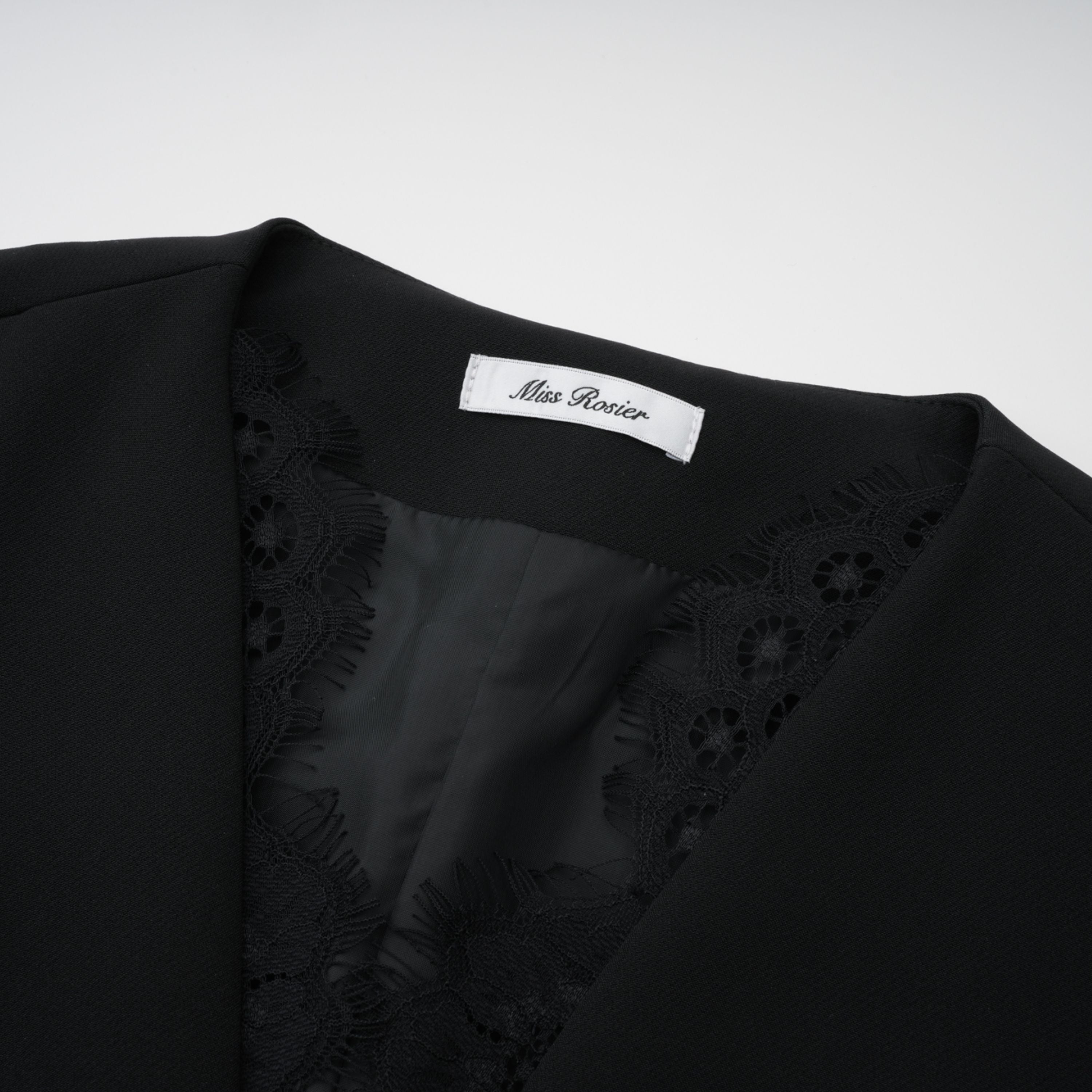 Saffron Black Collarless Blazer with Lace Trim