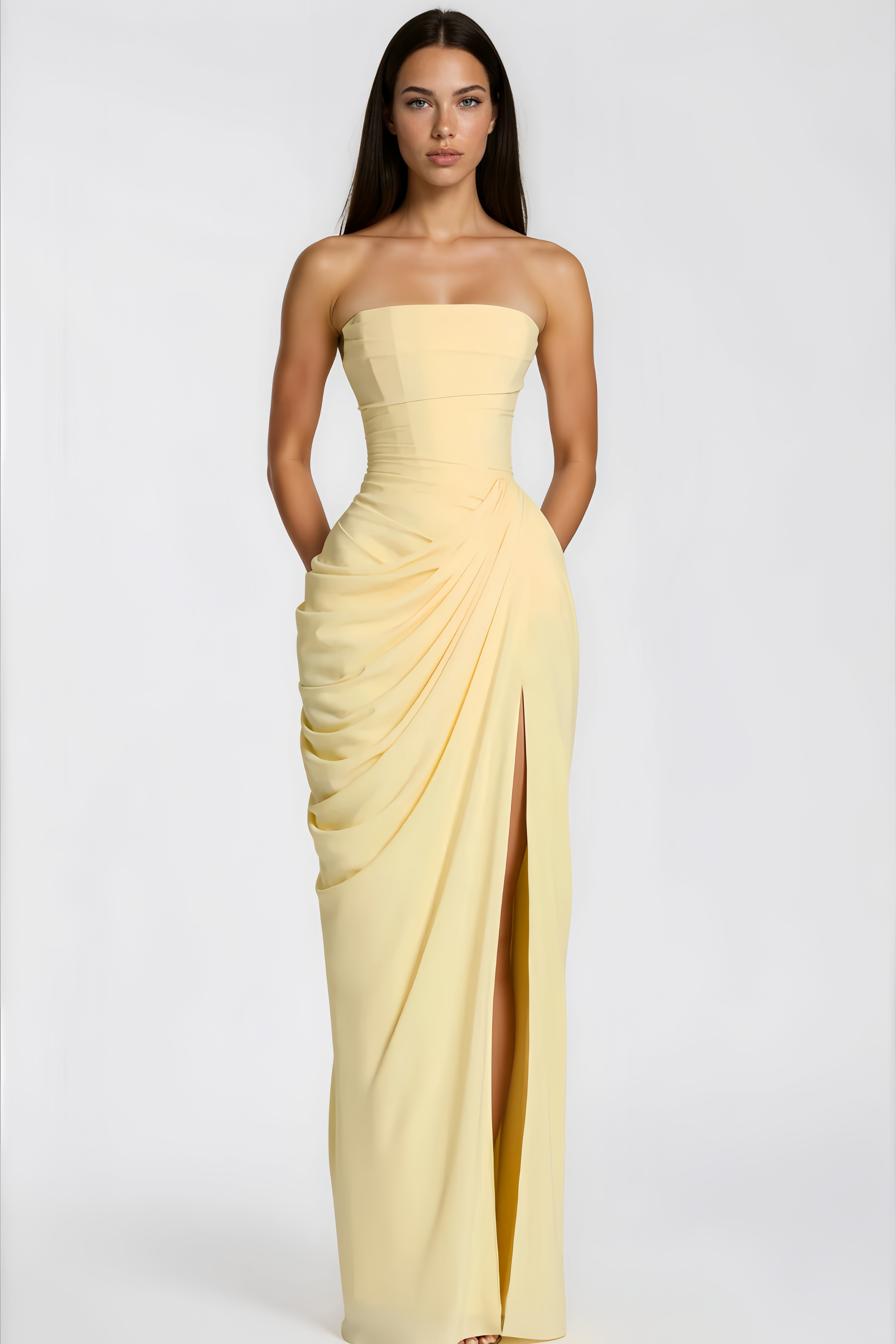 Yellow Strapless Thigh-high Split Dress